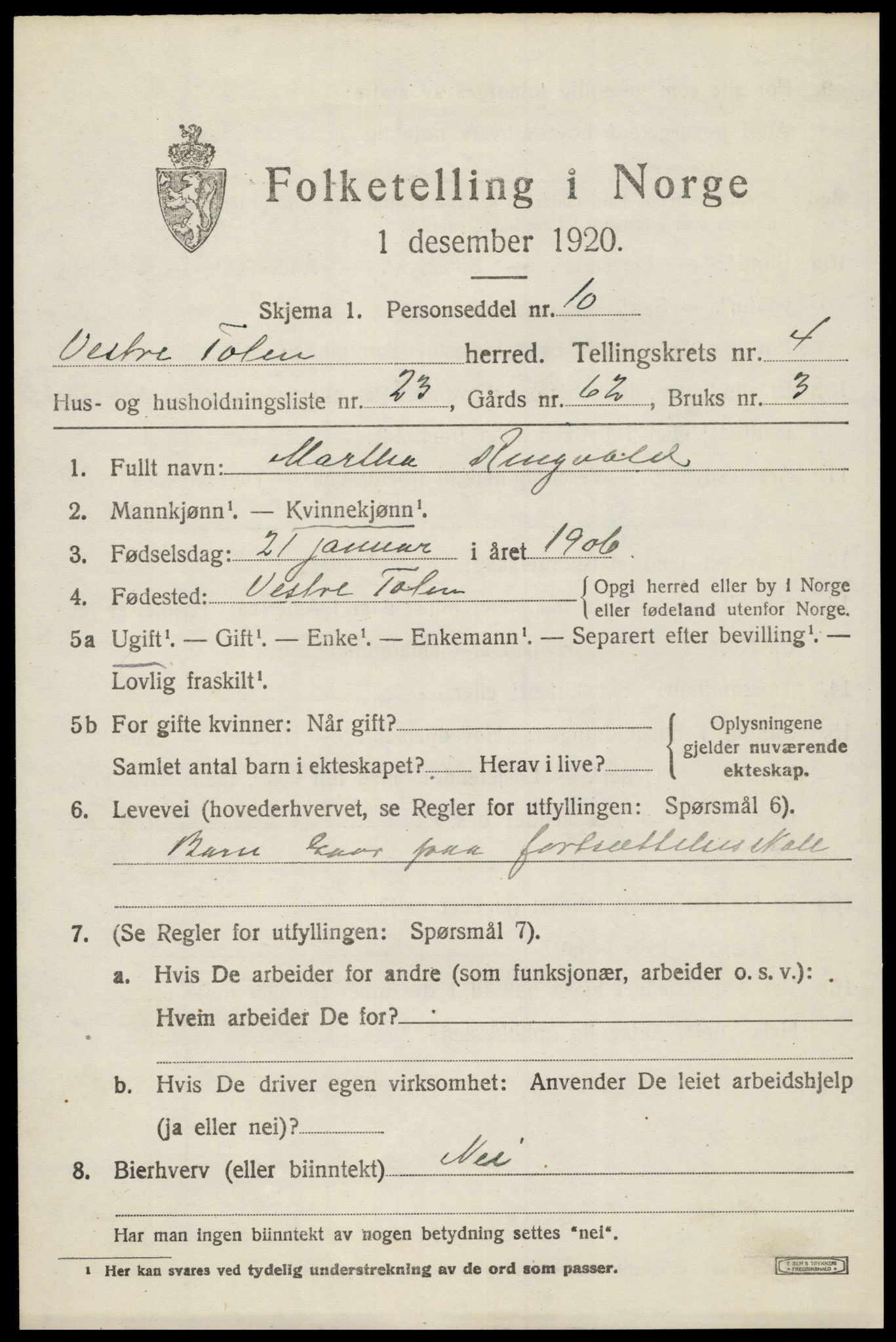 SAH, 1920 census for Vestre Toten, 1920, p. 5886