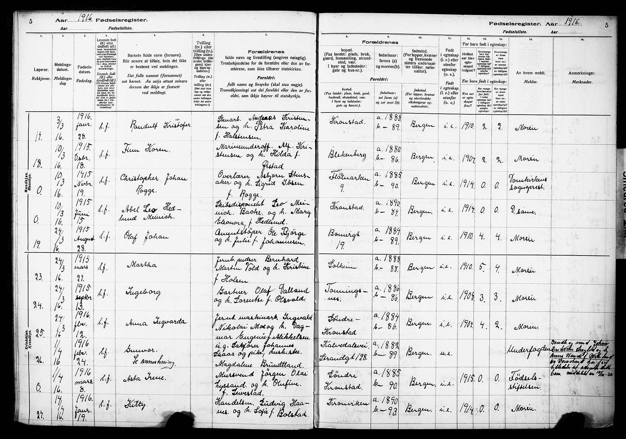 Årstad Sokneprestembete, AV/SAB-A-79301/I/Id/L0A01: Birth register no. A 1, 1916-1920, p. 5