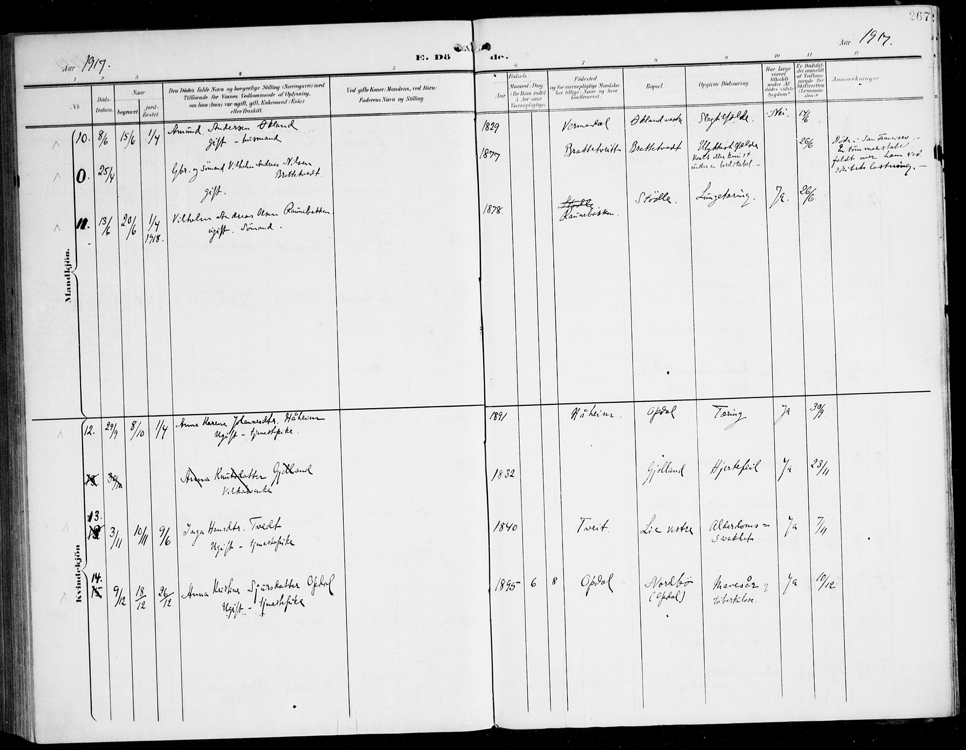 Tysnes sokneprestembete, AV/SAB-A-78601/H/Haa: Parish register (official) no. D 2, 1905-1922, p. 267