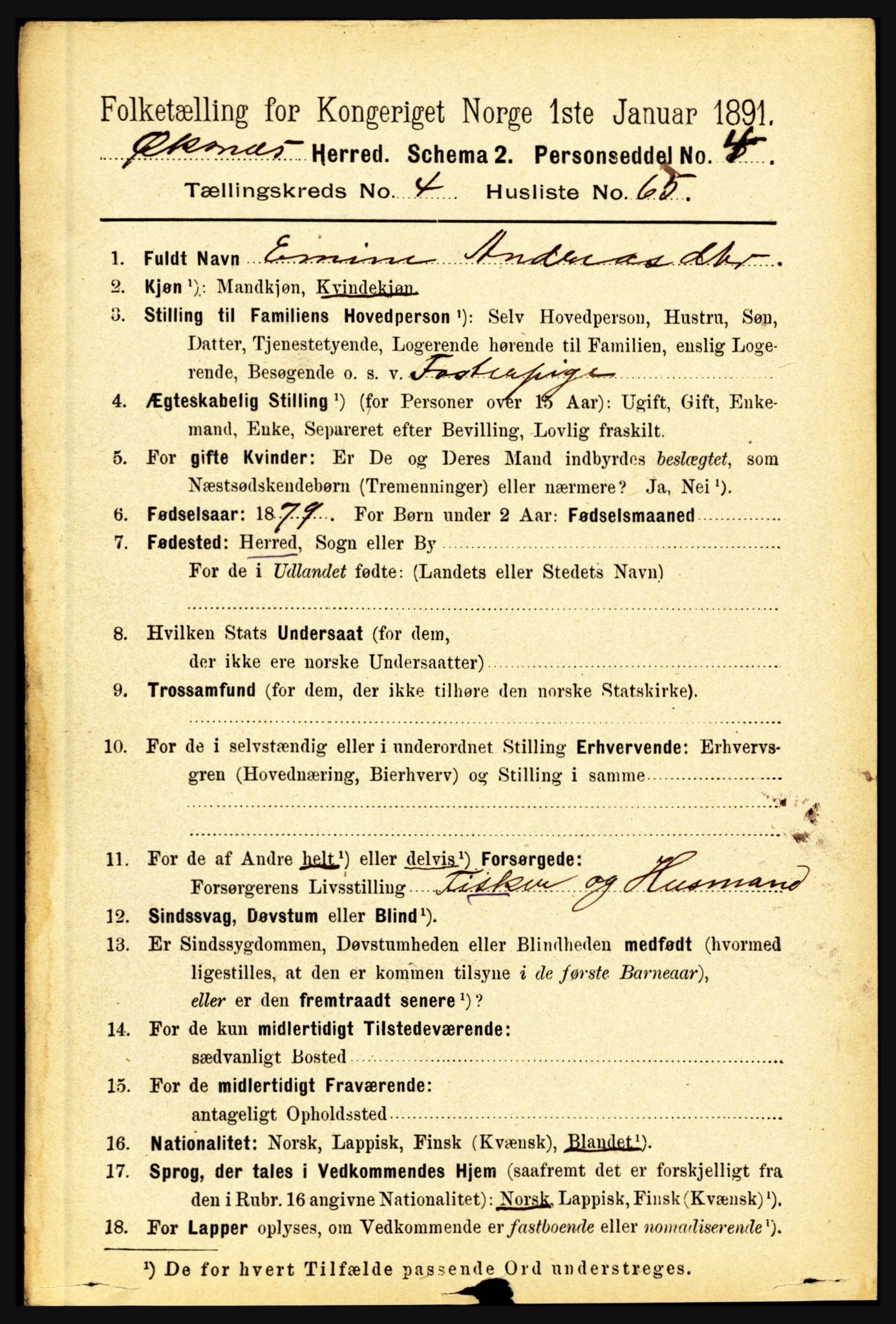 RA, 1891 census for 1868 Øksnes, 1891, p. 2164