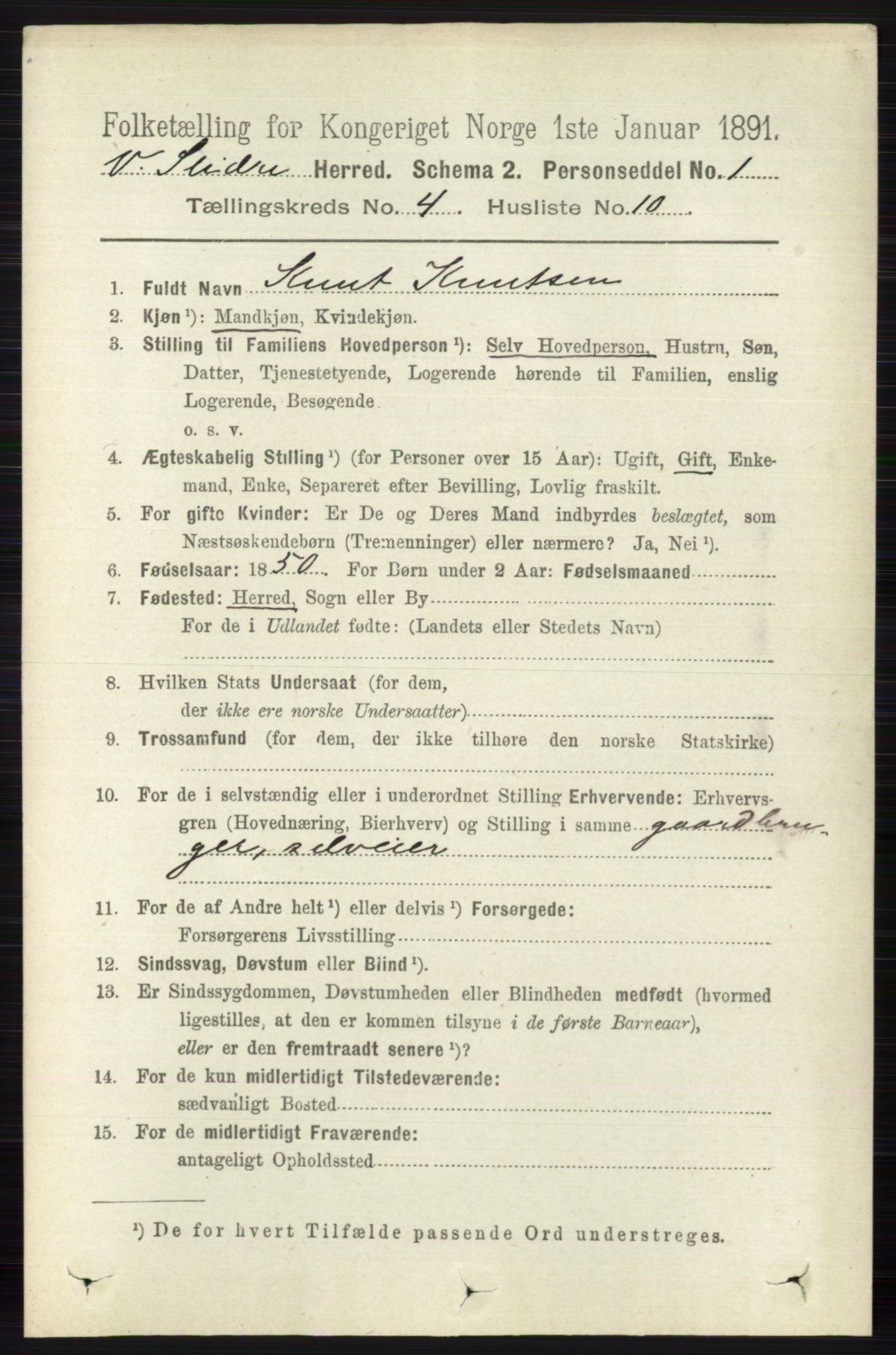 RA, 1891 census for 0543 Vestre Slidre, 1891, p. 1303