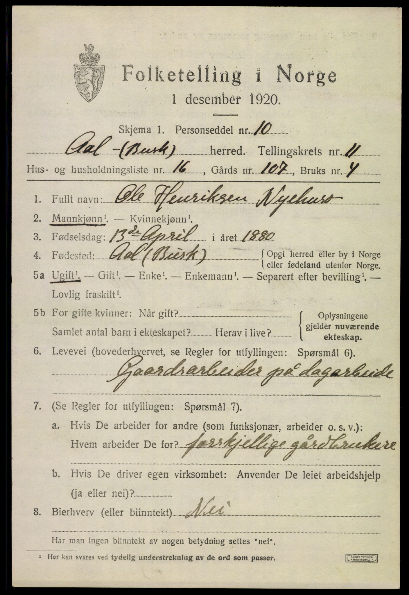 SAKO, 1920 census for Ål, 1920, p. 6440