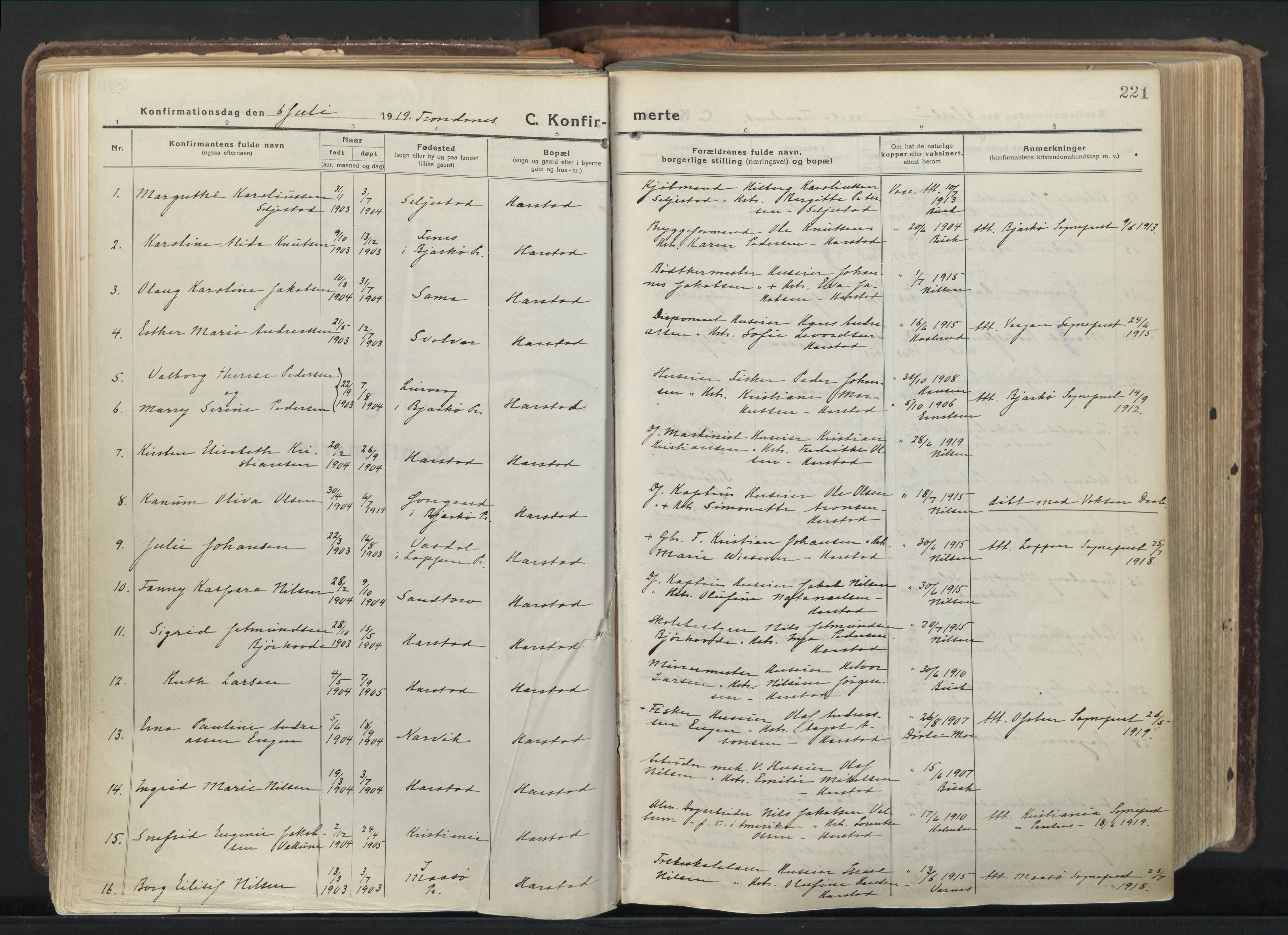 Trondenes sokneprestkontor, AV/SATØ-S-1319/H/Ha/L0019kirke: Parish register (official) no. 19, 1919-1928, p. 221