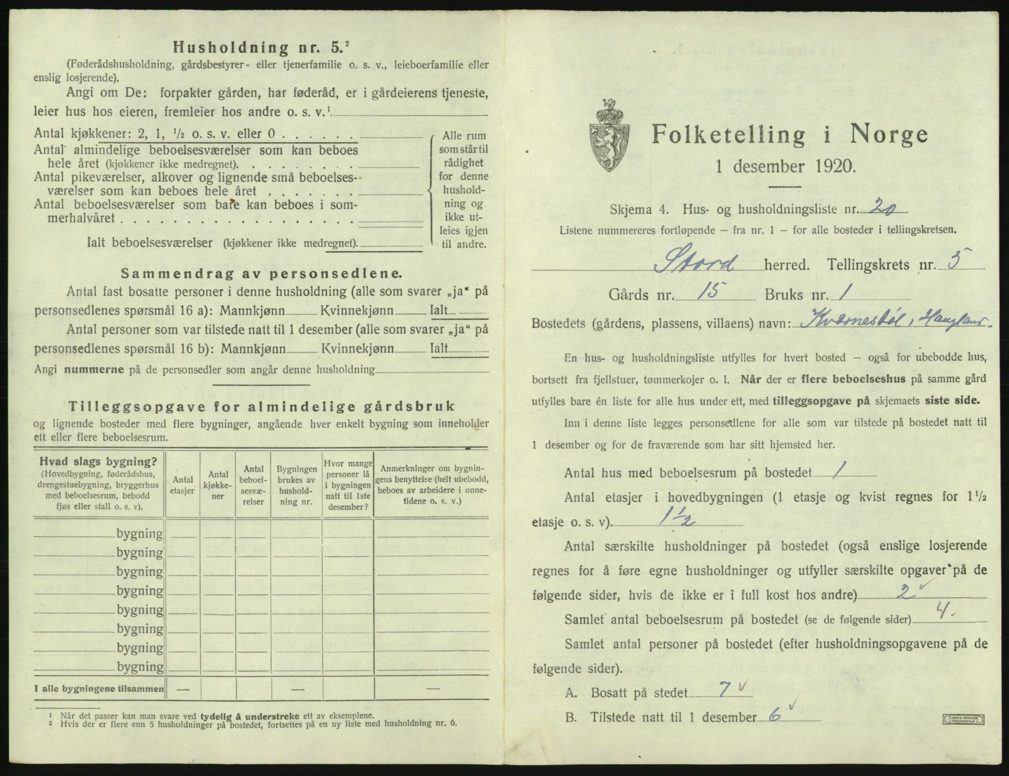 SAB, 1920 census for Stord, 1920, p. 215