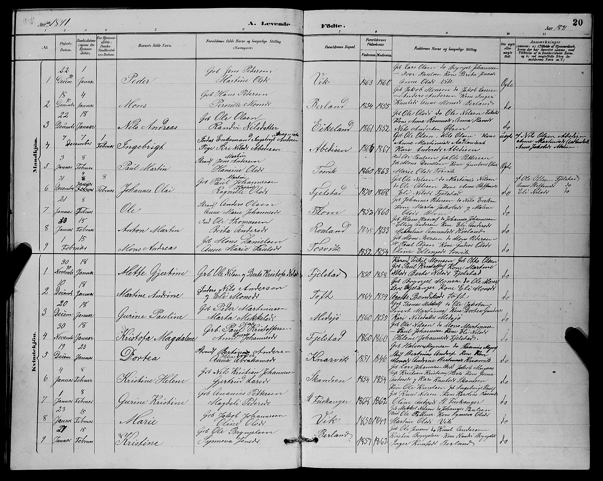 Herdla Sokneprestembete, AV/SAB-A-75701/H/Hab: Parish register (copy) no. A 3, 1889-1899, p. 20