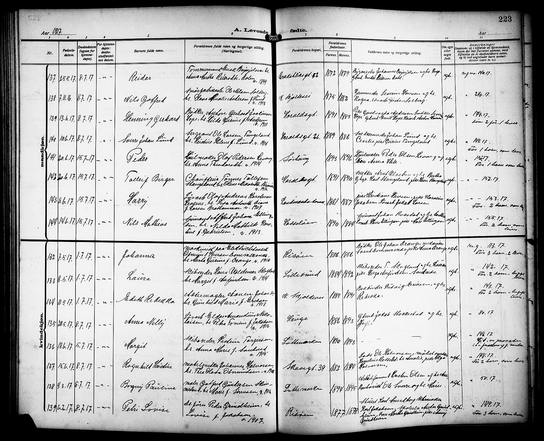 Haugesund sokneprestkontor, AV/SAST-A -101863/H/Ha/Hab/L0007: Parish register (copy) no. B 7, 1909-1920, p. 223