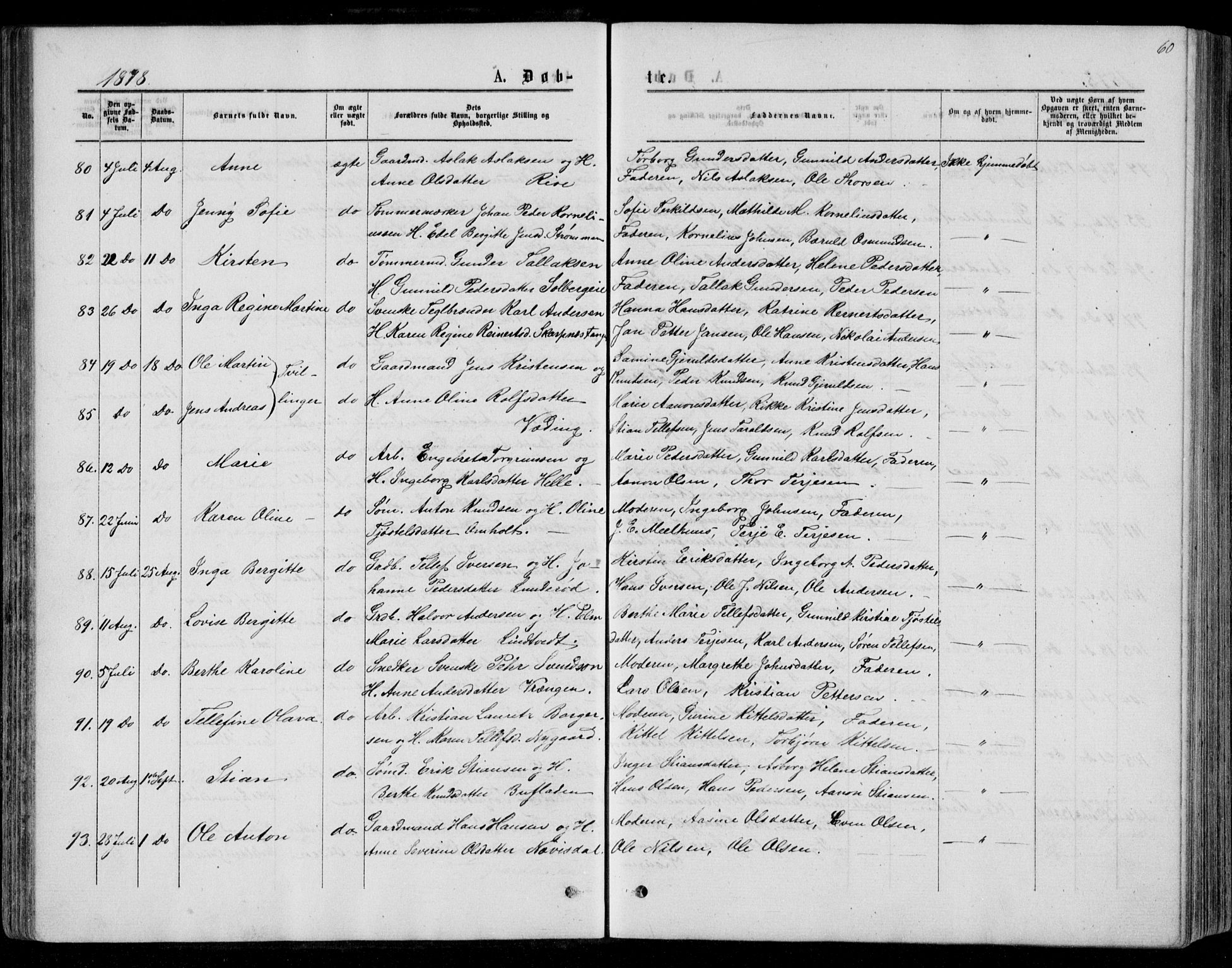 Øyestad sokneprestkontor, SAK/1111-0049/F/Fb/L0008: Parish register (copy) no. B 8, 1872-1886, p. 60