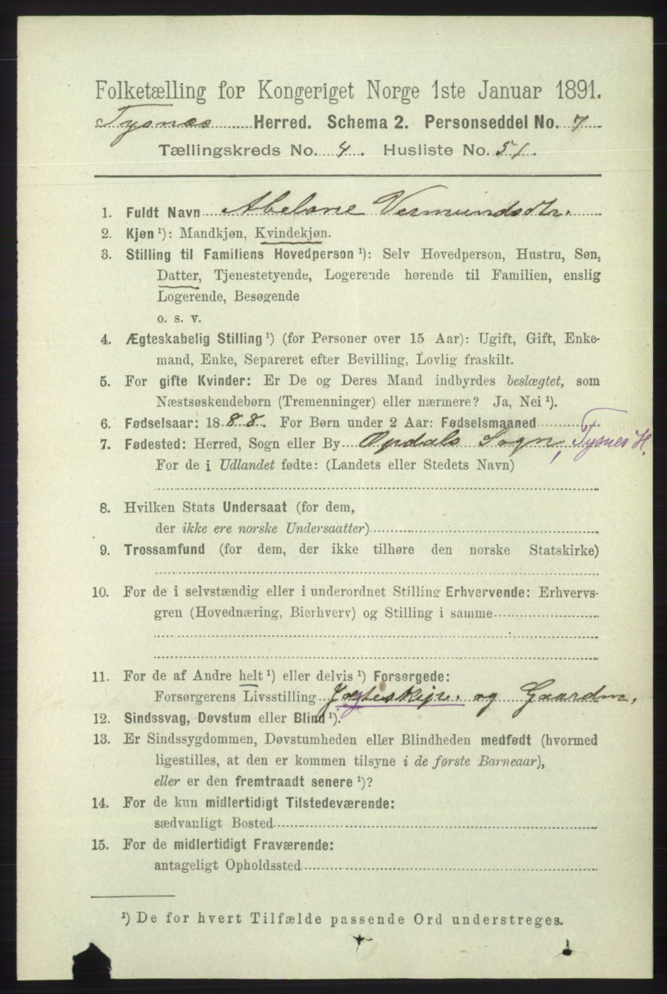 RA, 1891 census for 1223 Tysnes, 1891, p. 1833