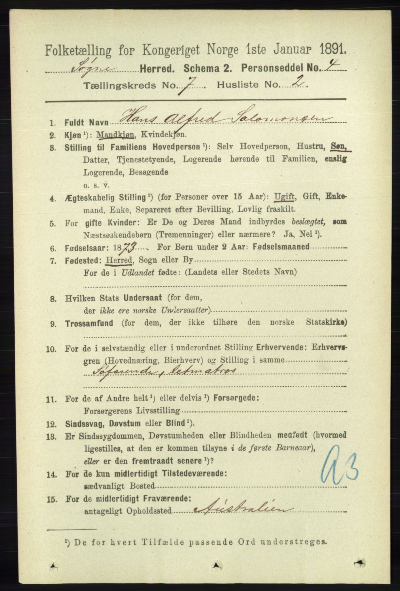 RA, 1891 census for 1018 Søgne, 1891, p. 1547