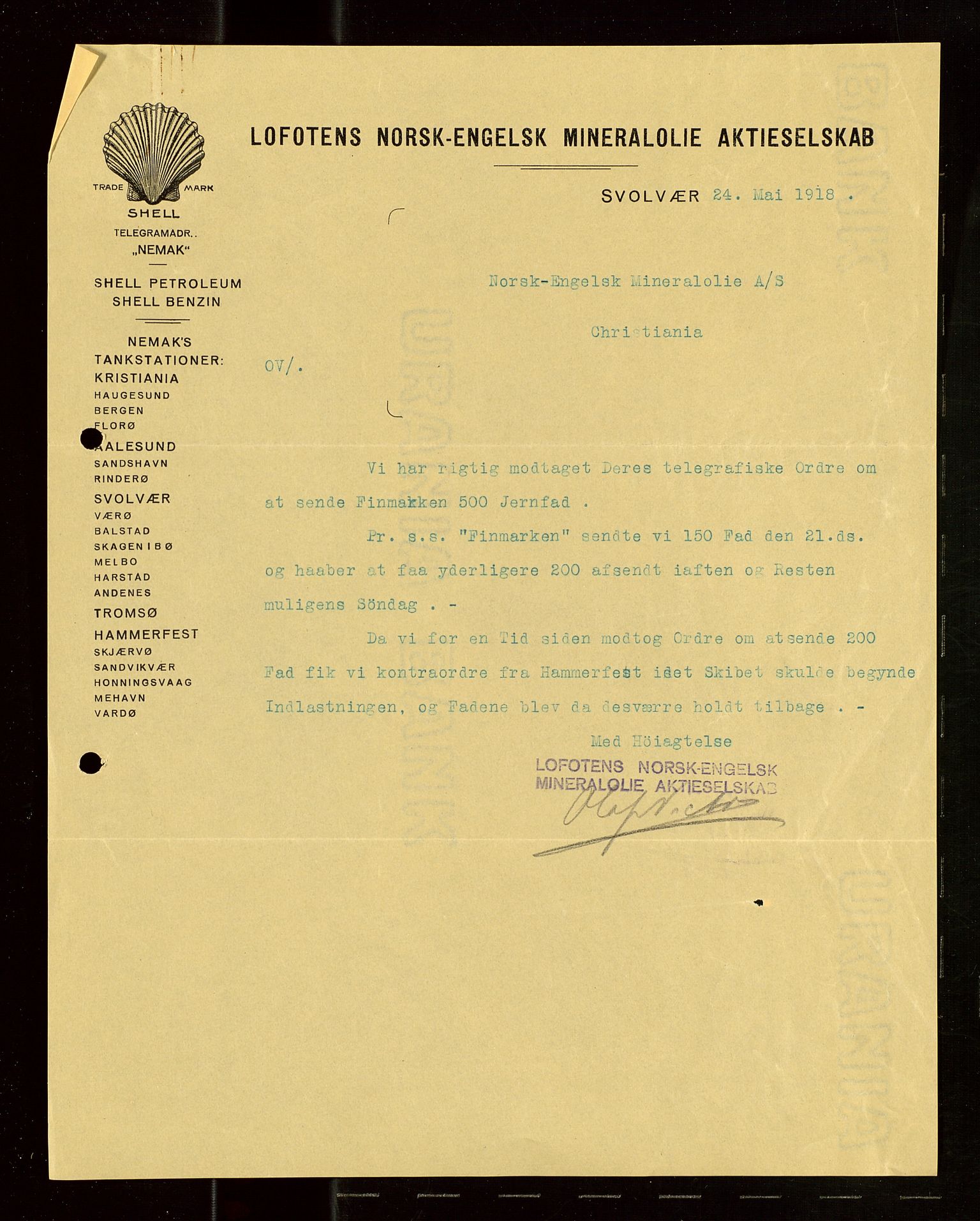 Pa 1521 - A/S Norske Shell, AV/SAST-A-101915/E/Ea/Eaa/L0022: Sjefskorrespondanse, 1918, p. 15