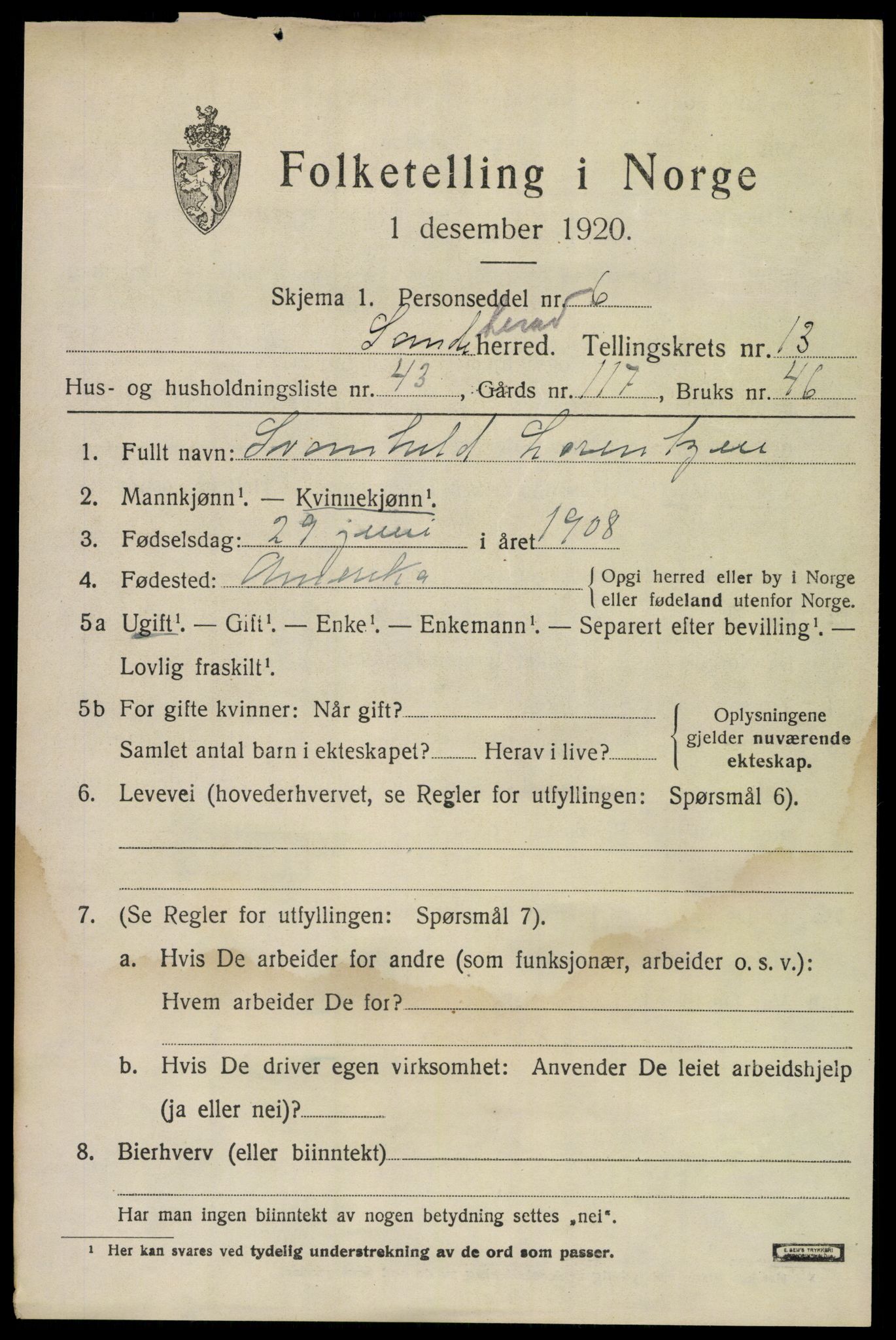 SAKO, 1920 census for Sandeherred, 1920, p. 19818