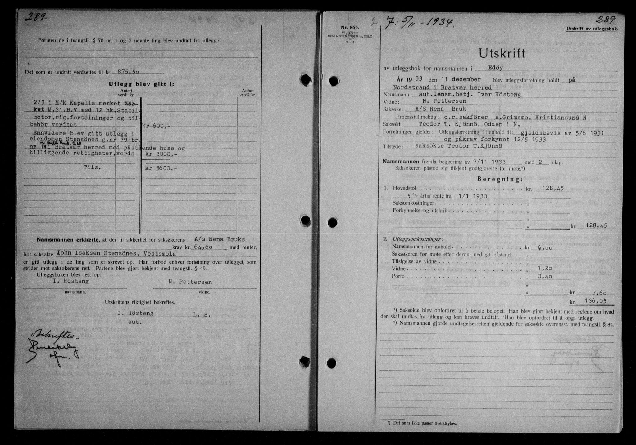 Nordmøre sorenskriveri, AV/SAT-A-4132/1/2/2Ca/L0082: Mortgage book no. 72, 1934-1934, Deed date: 05.11.1934