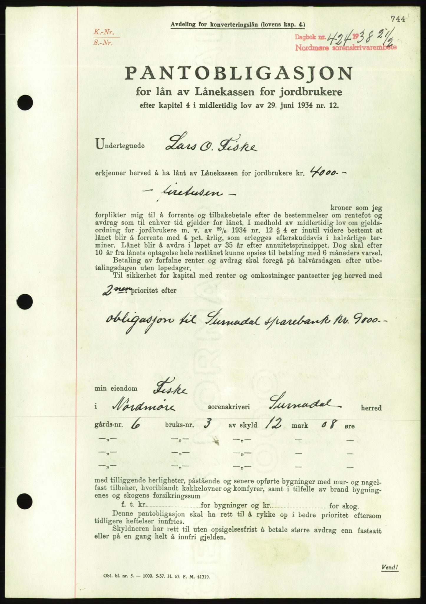 Nordmøre sorenskriveri, AV/SAT-A-4132/1/2/2Ca/L0092: Mortgage book no. B82, 1937-1938, Diary no: : 424/1938