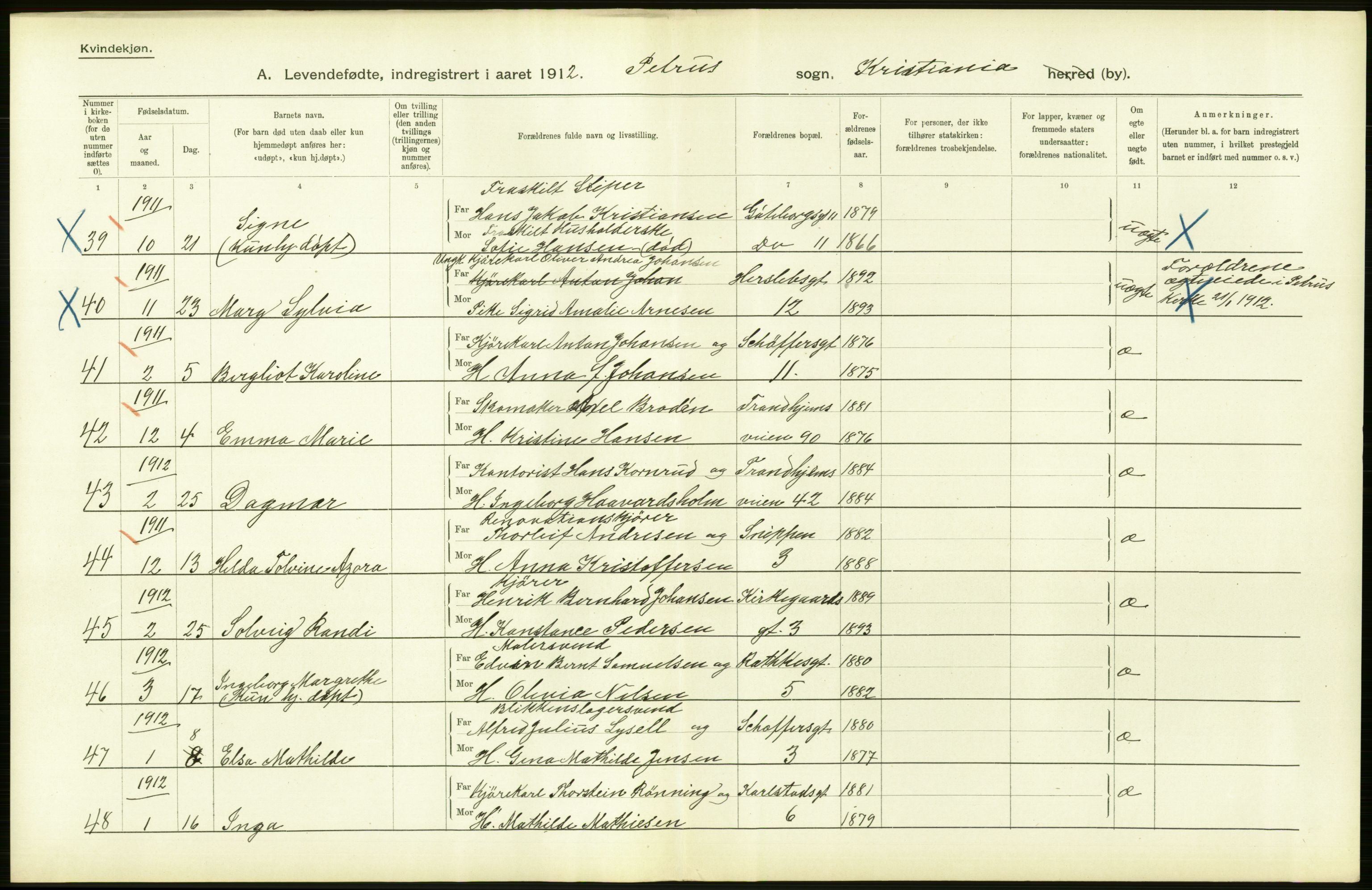 Statistisk sentralbyrå, Sosiodemografiske emner, Befolkning, AV/RA-S-2228/D/Df/Dfb/Dfbb/L0006: Kristiania:  Levendefødte menn og kvinner., 1912, p. 588