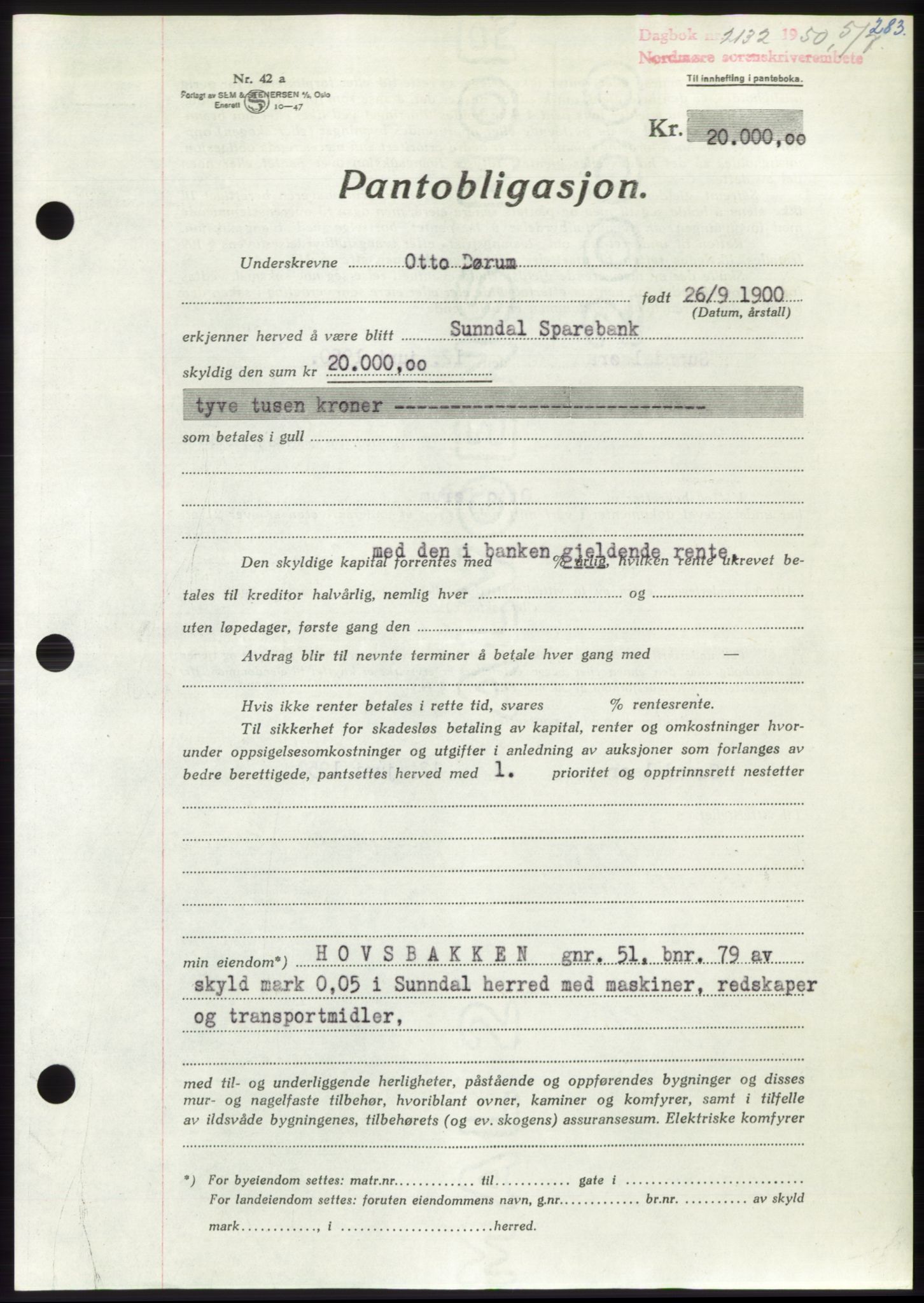 Nordmøre sorenskriveri, AV/SAT-A-4132/1/2/2Ca: Mortgage book no. B105, 1950-1950, Diary no: : 2132/1950