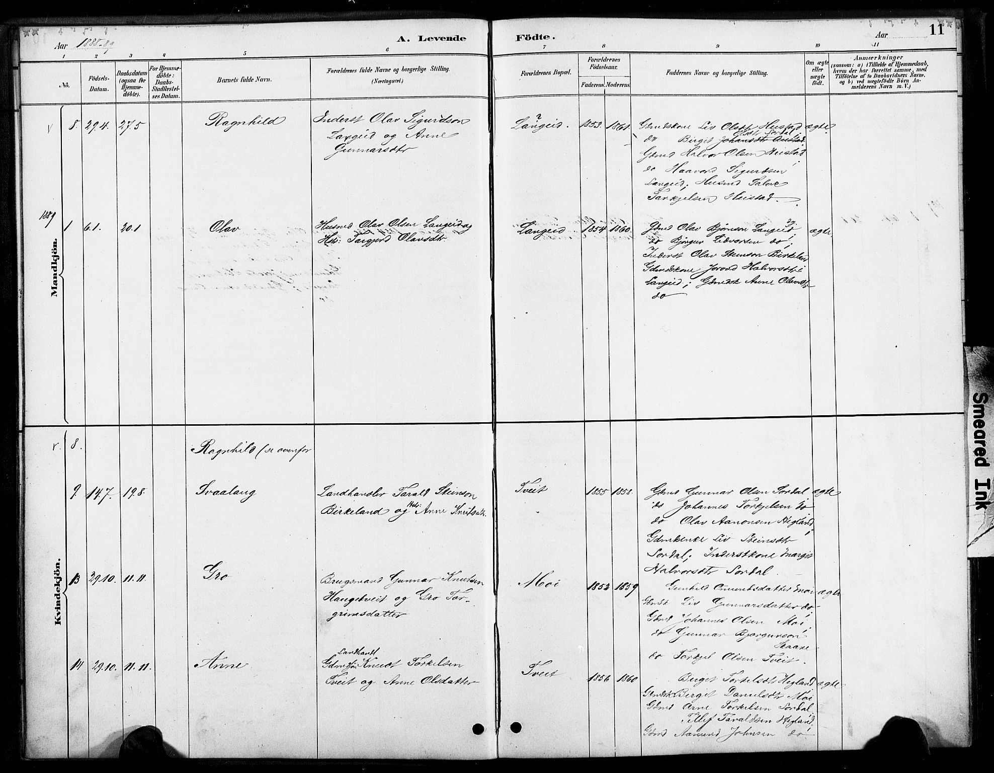 Bygland sokneprestkontor, AV/SAK-1111-0006/F/Fa/Faa/L0001: Parish register (official) no. A 1, 1885-1908, p. 11