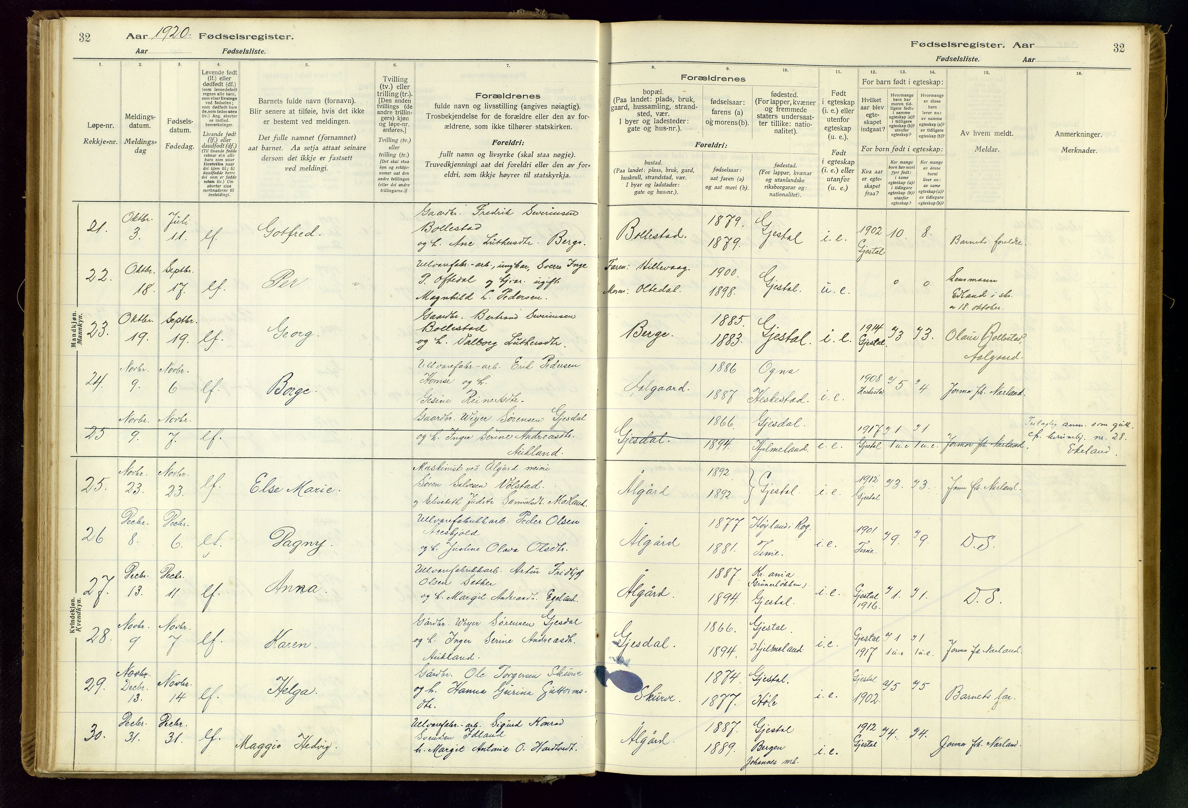 Gjesdal sokneprestkontor, AV/SAST-A-101796/002/O/L0001: Birth register no. 1, 1916-1949, p. 32