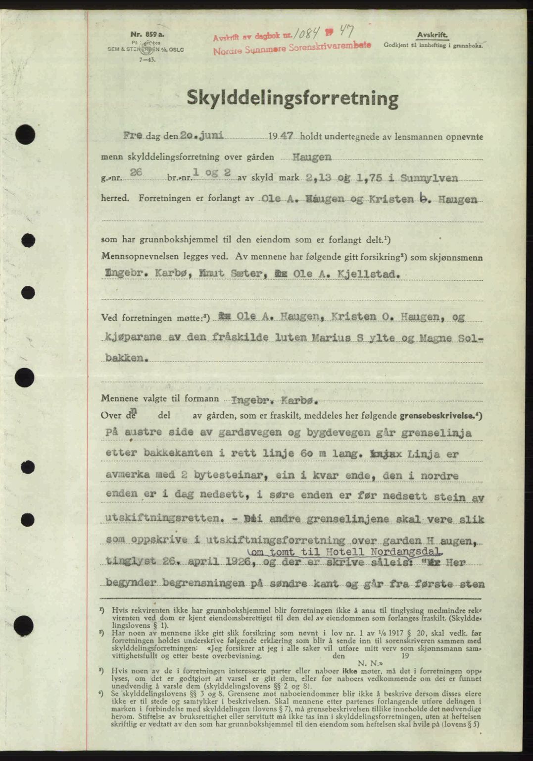 Nordre Sunnmøre sorenskriveri, AV/SAT-A-0006/1/2/2C/2Ca: Mortgage book no. A24, 1947-1947, Diary no: : 1084/1947