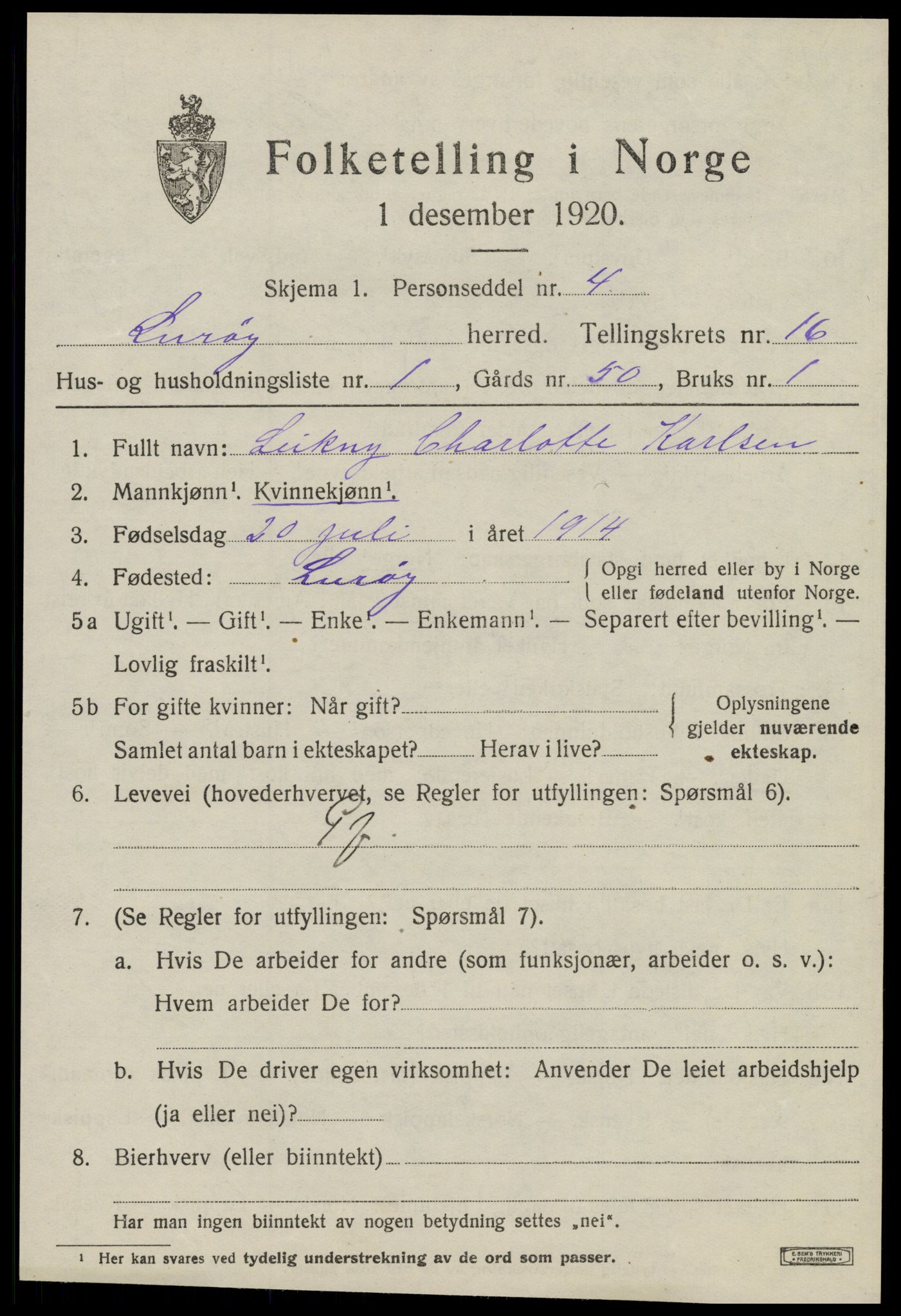 SAT, 1920 census for Lurøy, 1920, p. 5869