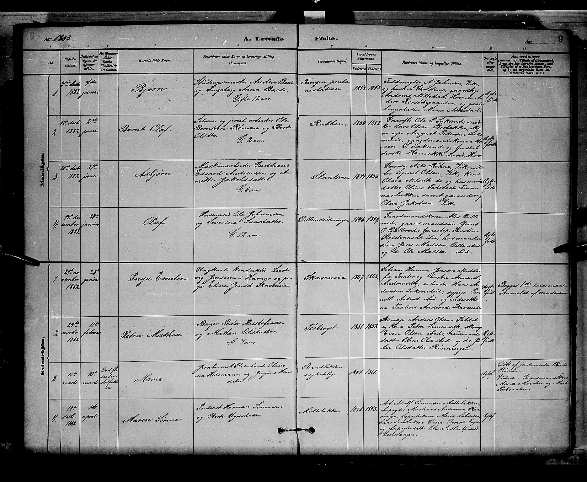 Stange prestekontor, SAH/PREST-002/L/L0008: Parish register (copy) no. 8, 1882-1895, p. 9