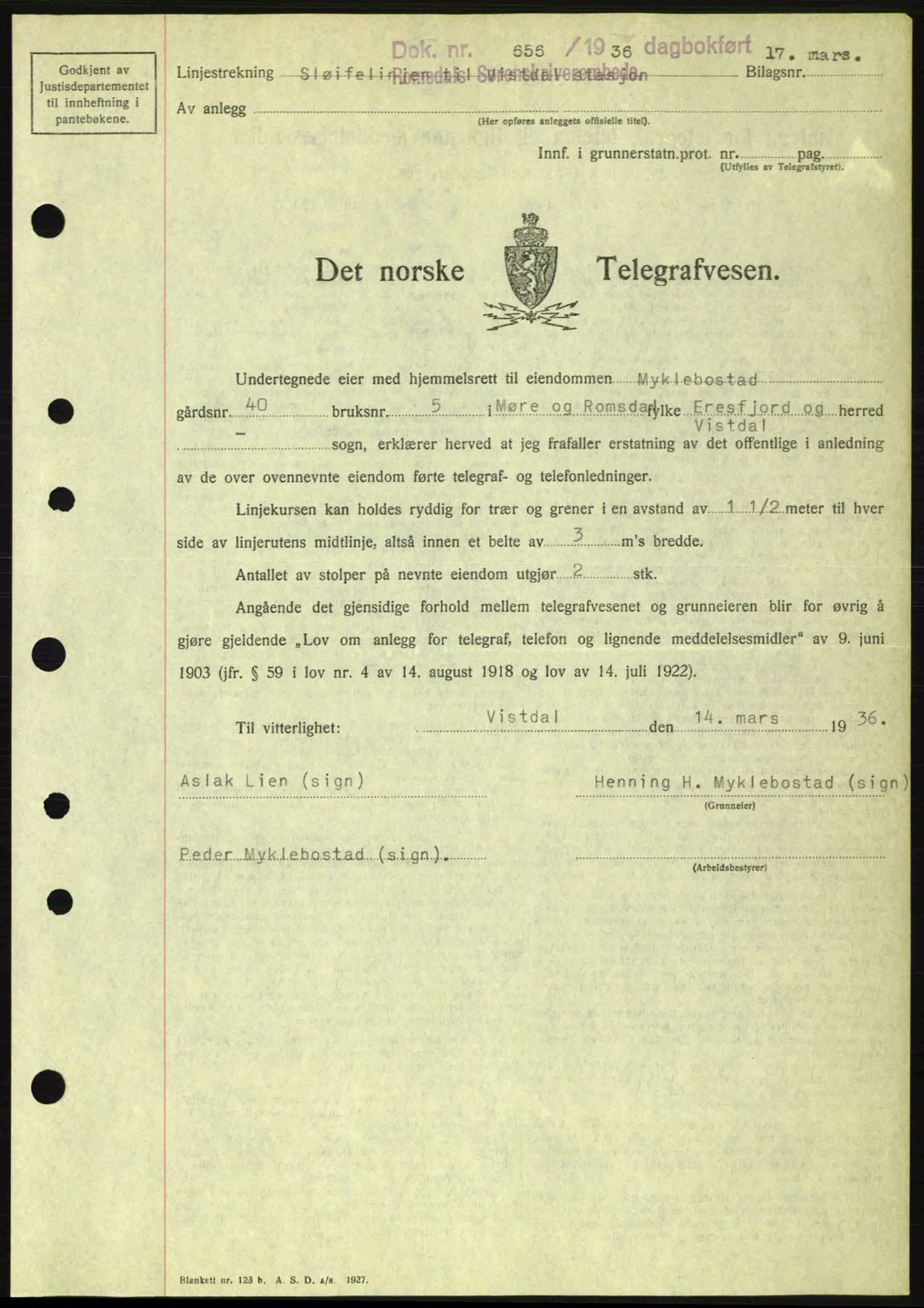 Romsdal sorenskriveri, AV/SAT-A-4149/1/2/2C: Mortgage book no. A1, 1936-1936, Diary no: : 655/1936