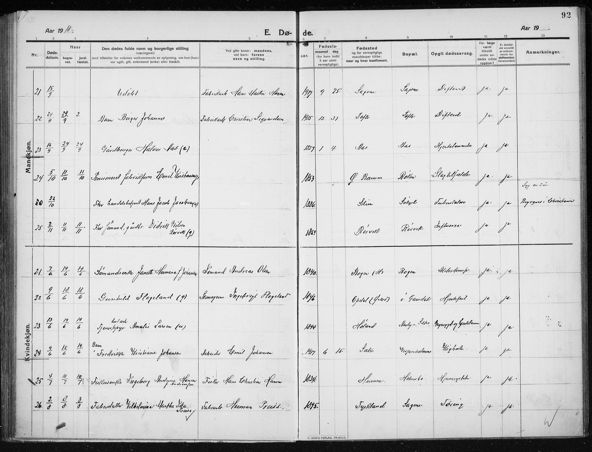 Hurum kirkebøker, AV/SAKO-A-229/F/Fa/L0017: Parish register (official) no. 17, 1910-1925, p. 92