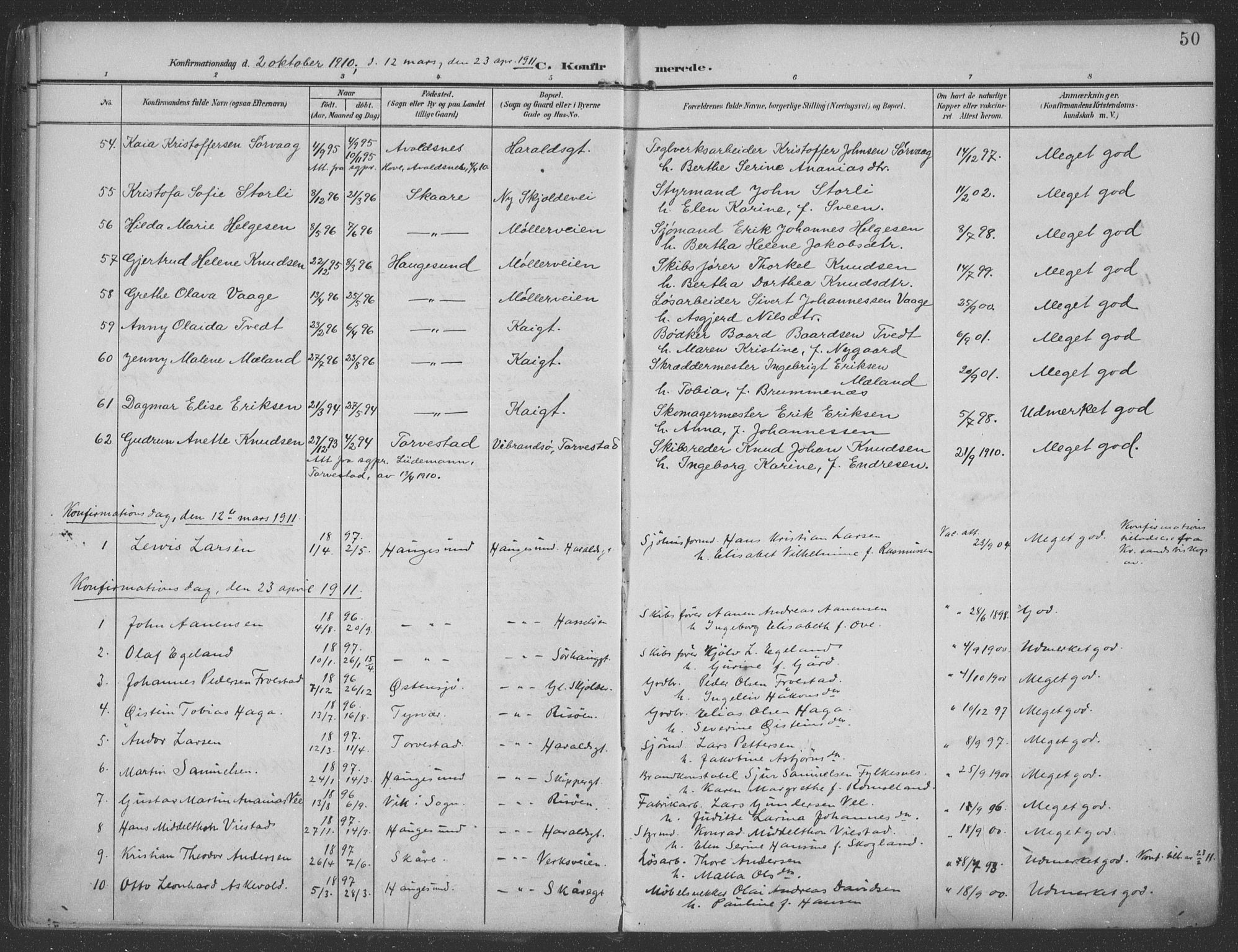 Haugesund sokneprestkontor, SAST/A -101863/H/Ha/Haa/L0007: Parish register (official) no. A 7, 1904-1916, p. 50