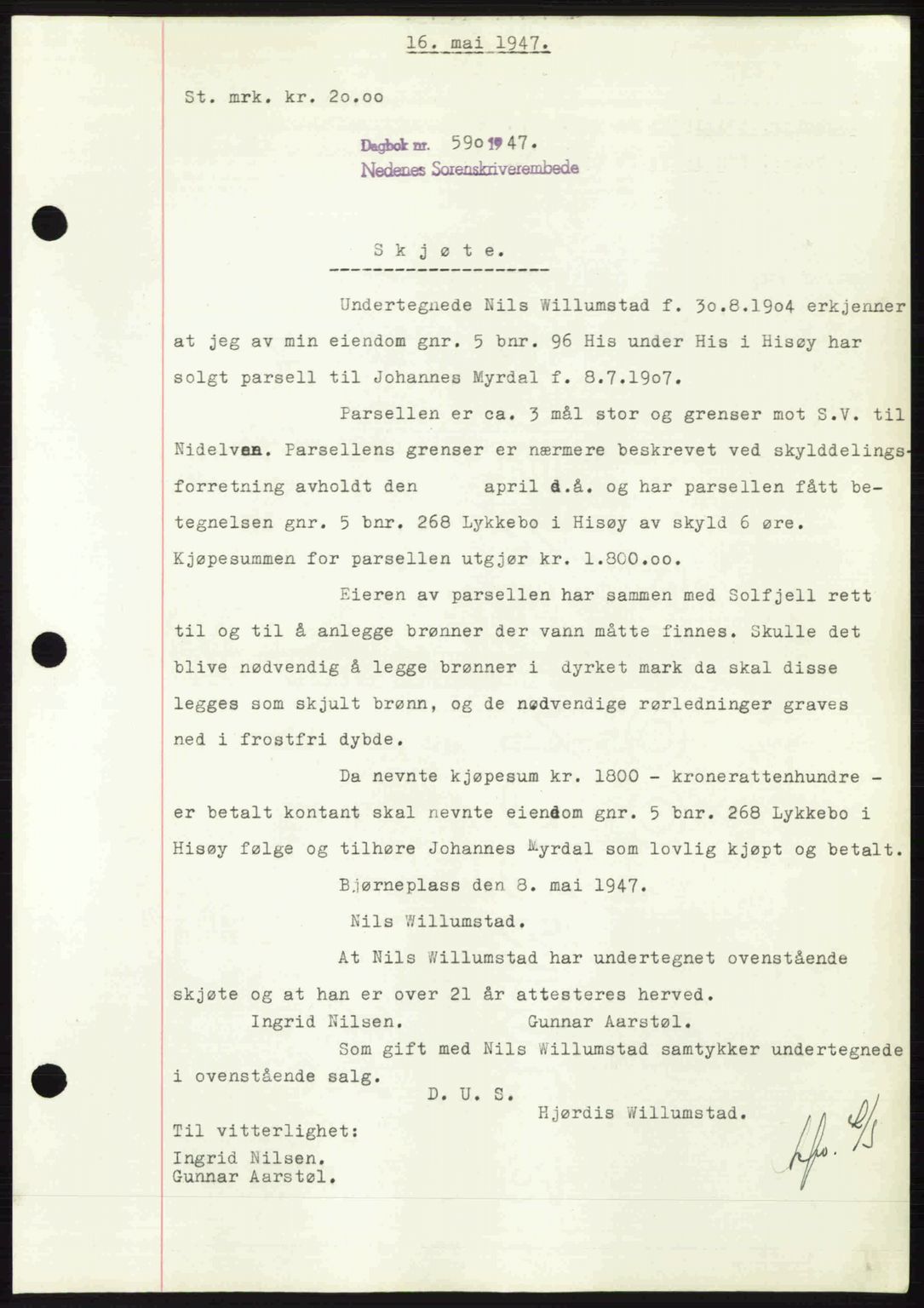 Nedenes sorenskriveri, AV/SAK-1221-0006/G/Gb/Gba/L0057: Mortgage book no. A9, 1947-1947, Diary no: : 590/1947