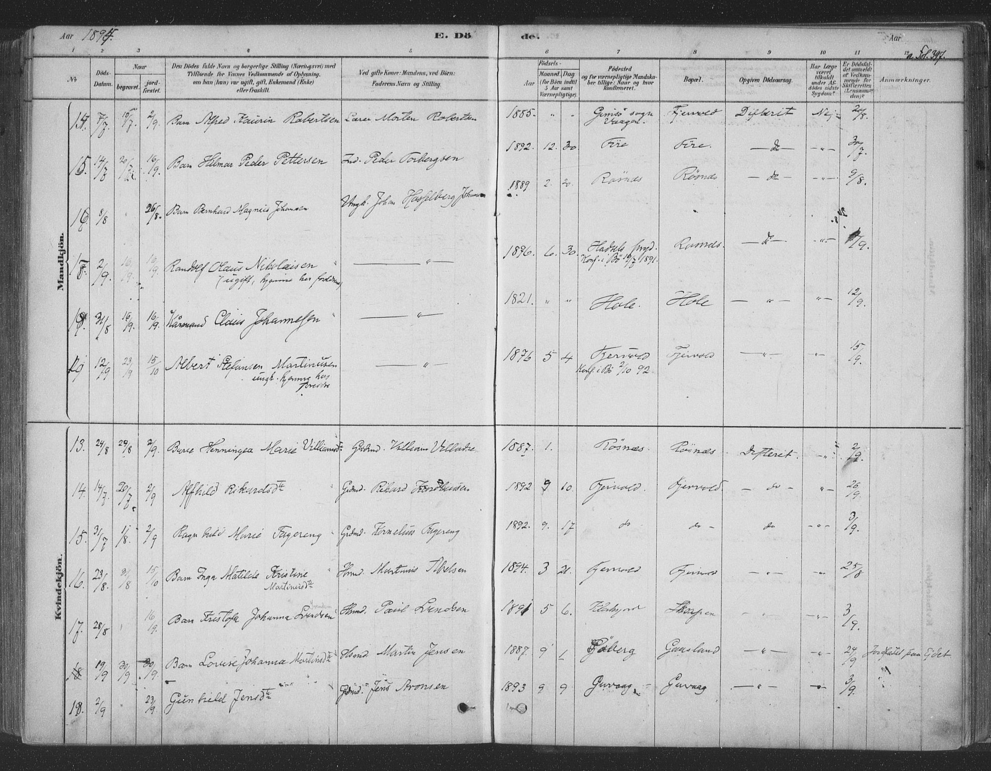 Ministerialprotokoller, klokkerbøker og fødselsregistre - Nordland, AV/SAT-A-1459/891/L1302: Parish register (official) no. 891A07, 1878-1895, p. 397