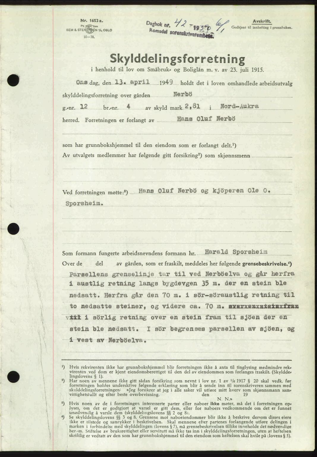 Romsdal sorenskriveri, AV/SAT-A-4149/1/2/2C: Mortgage book no. A32, 1950-1950, Diary no: : 42/1950