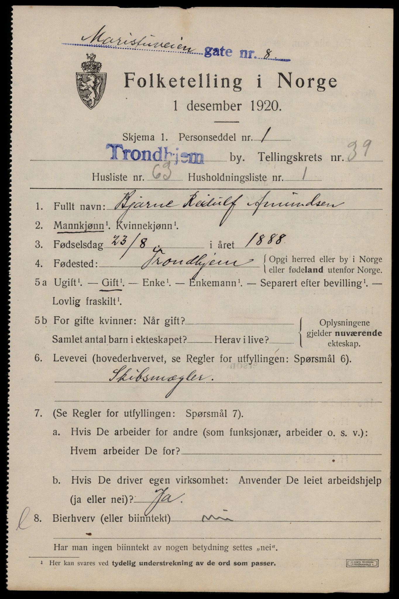 SAT, 1920 census for Trondheim, 1920, p. 89404