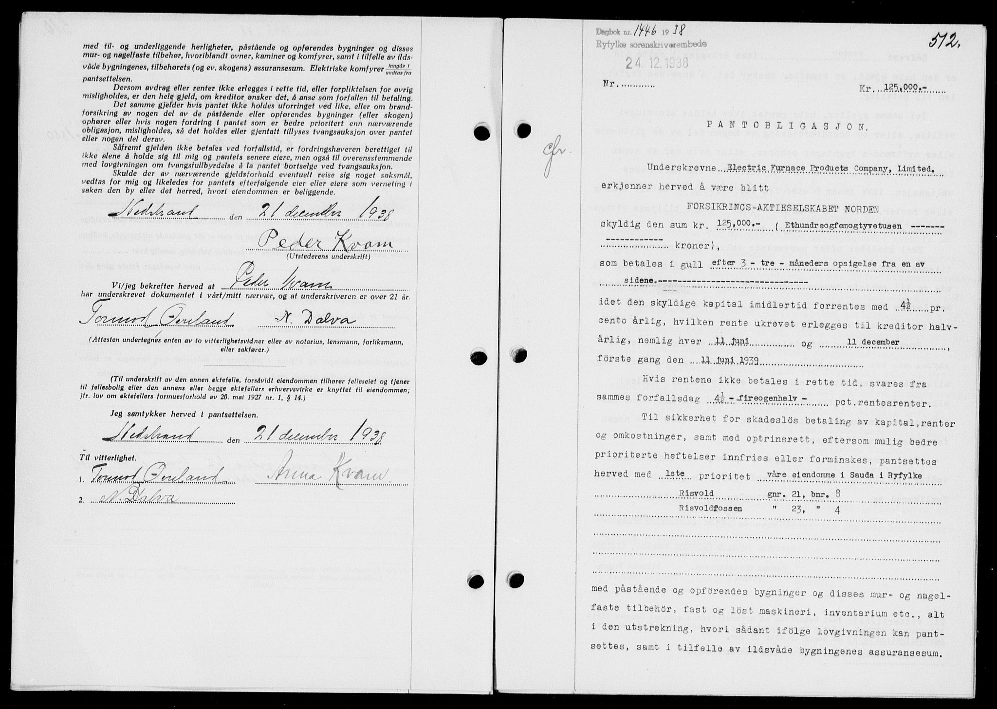 Ryfylke tingrett, AV/SAST-A-100055/001/II/IIB/L0078: Mortgage book no. 57, 1938-1938, Diary no: : 1446/1938