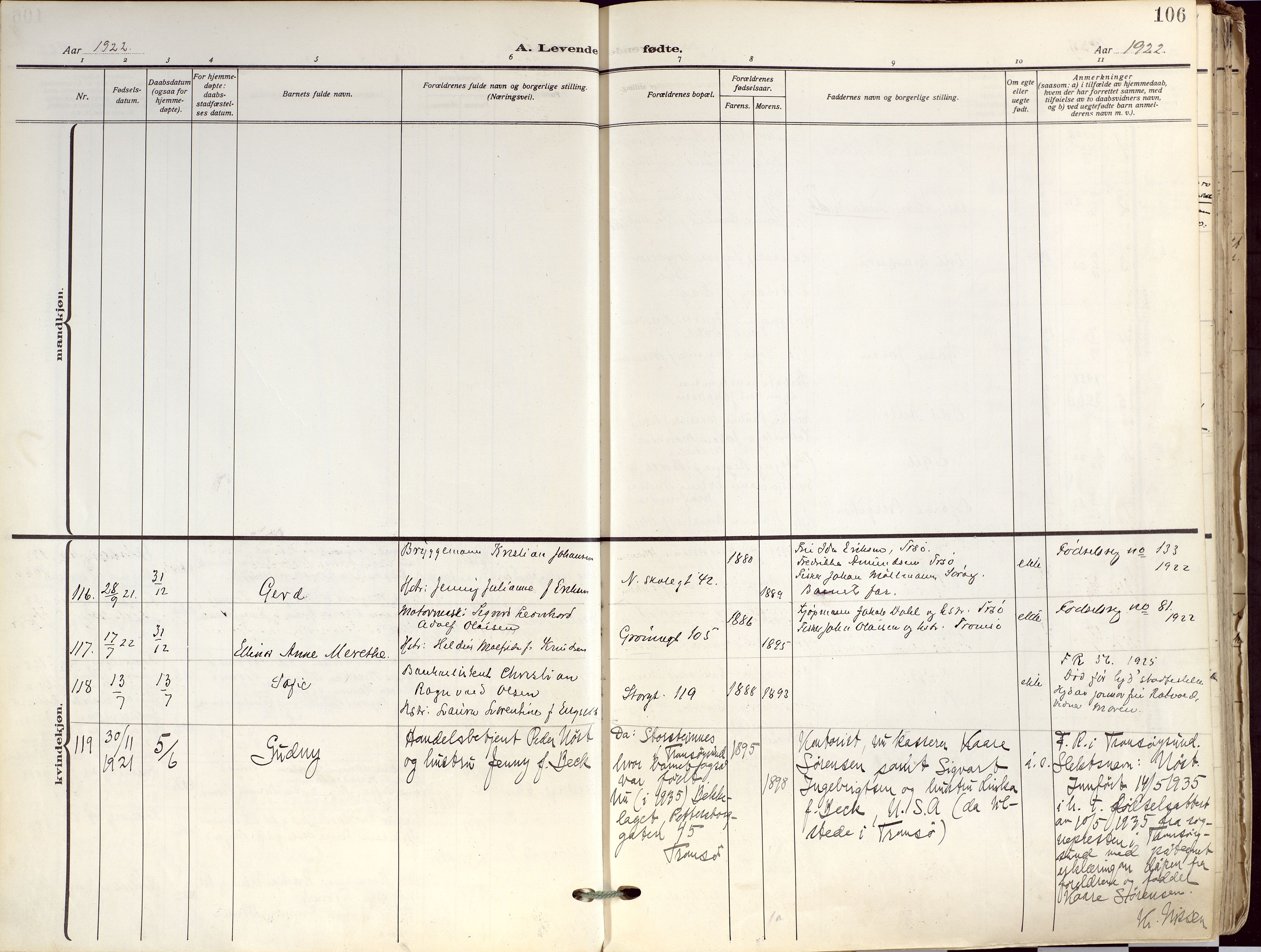 Tromsø sokneprestkontor/stiftsprosti/domprosti, SATØ/S-1343/G/Ga/L0019kirke: Parish register (official) no. 19, 1917-1927, p. 106