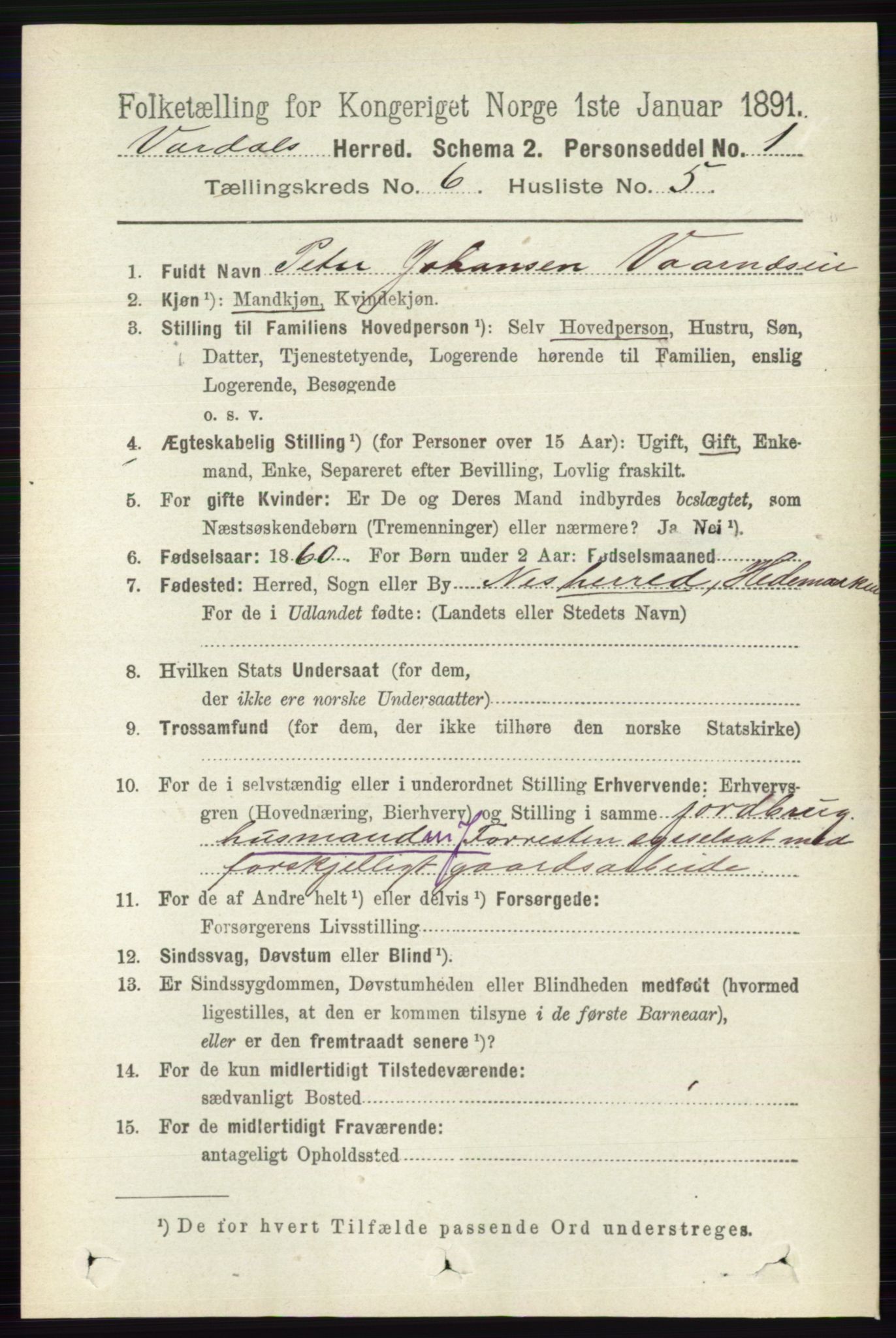 RA, 1891 census for 0527 Vardal, 1891, p. 2399