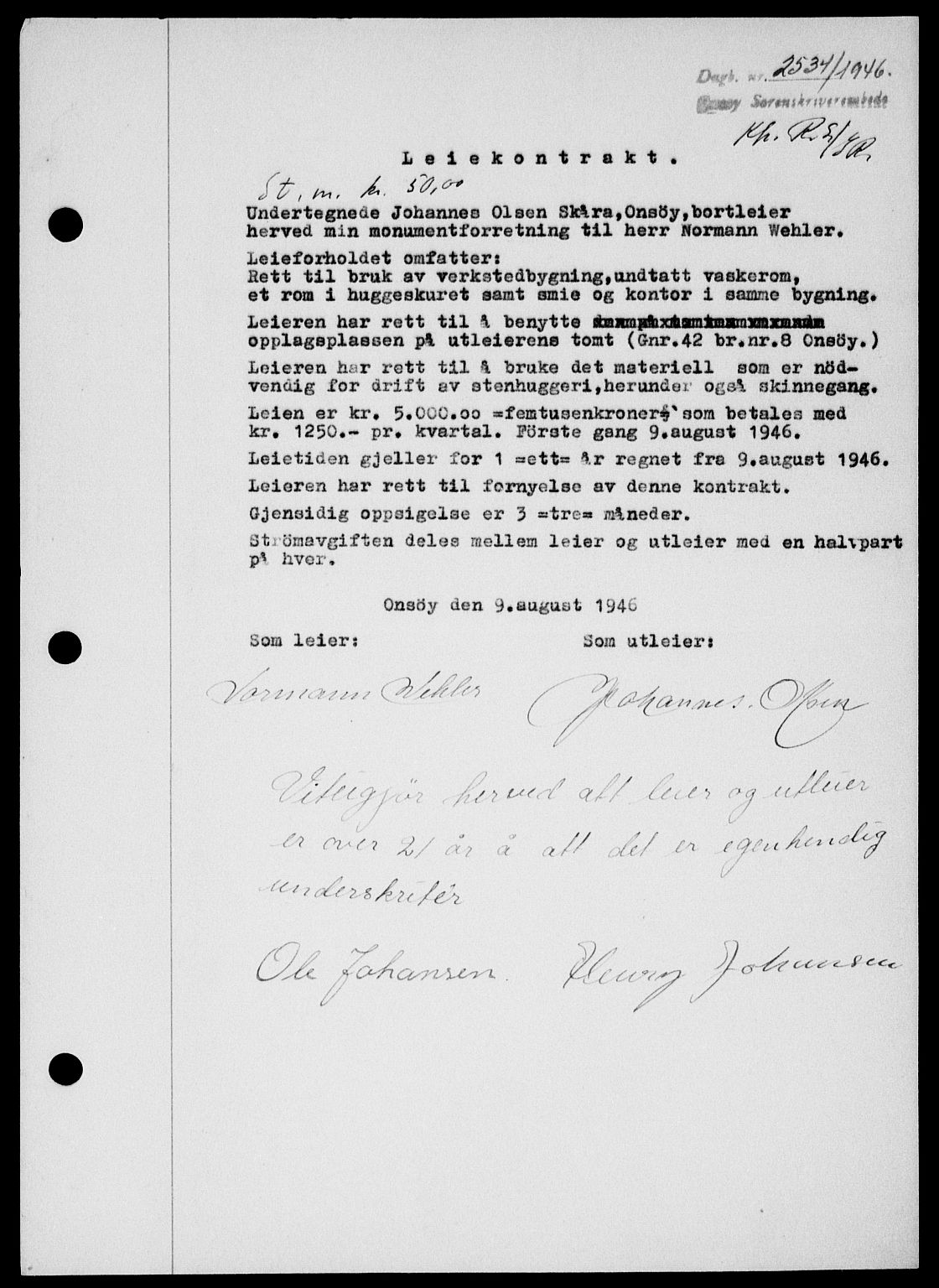 Onsøy sorenskriveri, AV/SAO-A-10474/G/Ga/Gab/L0017: Mortgage book no. II A-17, 1946-1946, Diary no: : 2534/1946