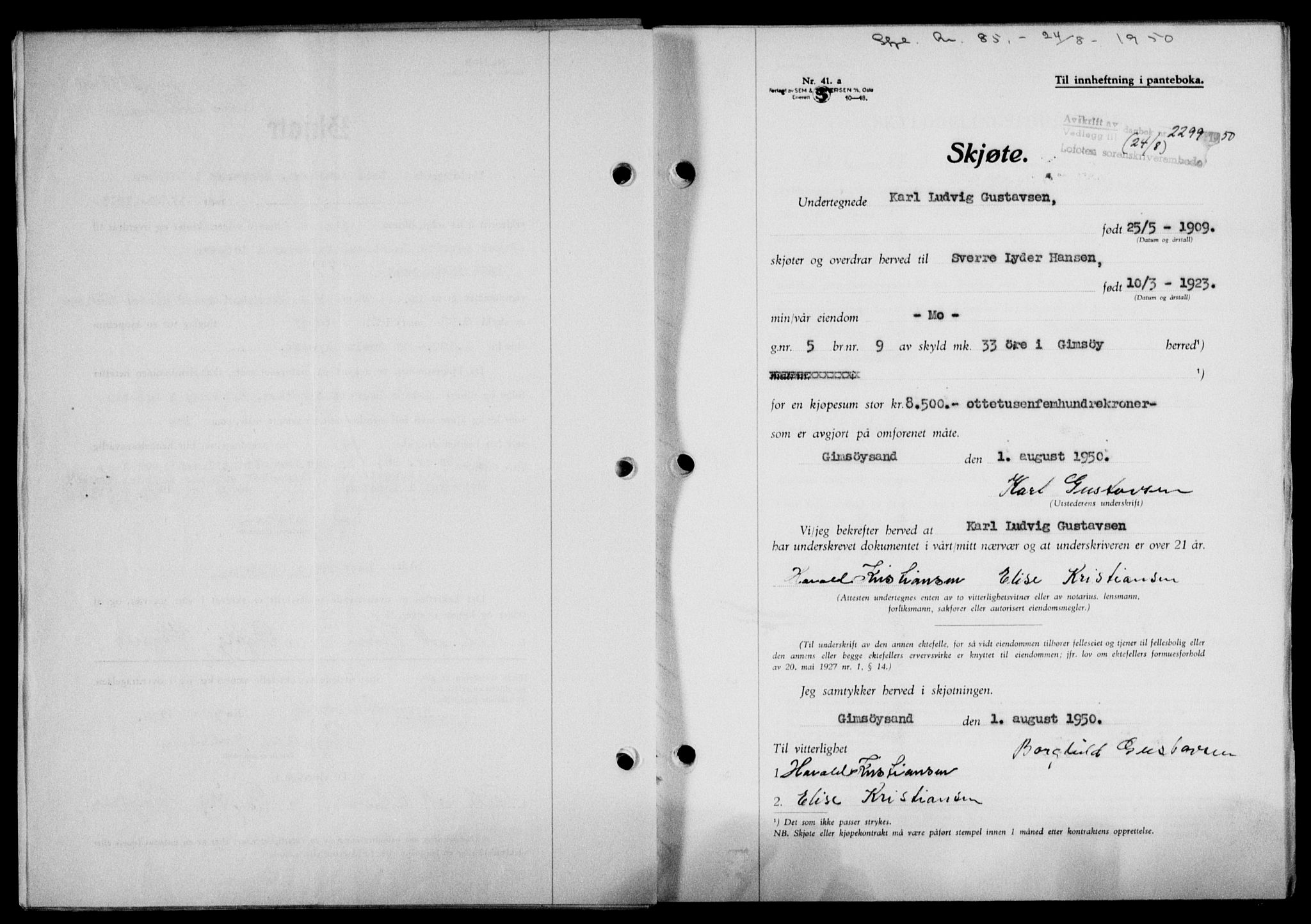 Lofoten sorenskriveri, SAT/A-0017/1/2/2C/L0024a: Mortgage book no. 24a, 1950-1950, Diary no: : 2299/1950