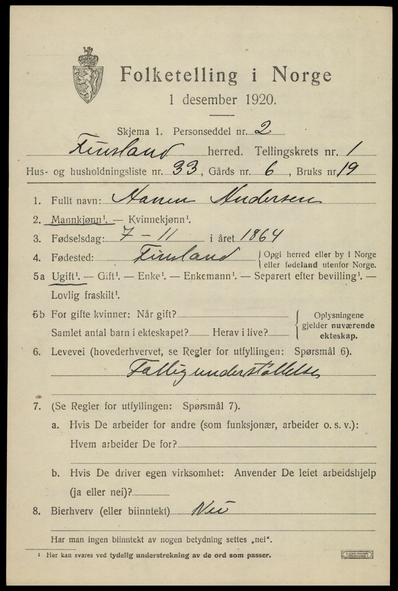 SAK, 1920 census for Finsland, 1920, p. 720