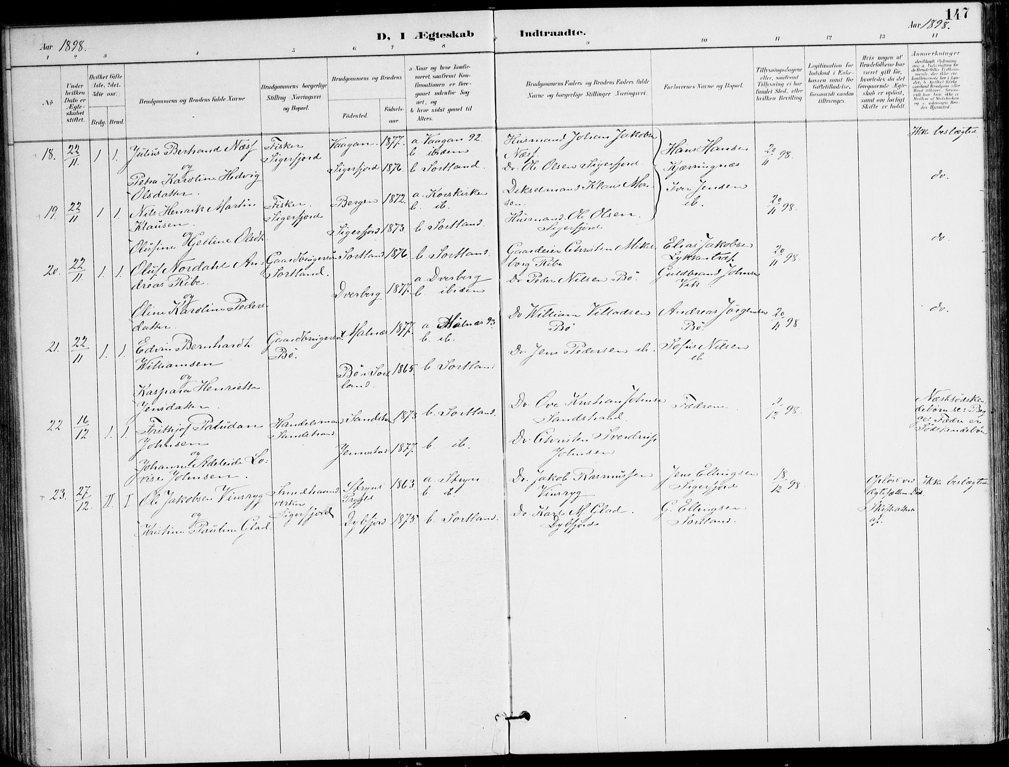 Ministerialprotokoller, klokkerbøker og fødselsregistre - Nordland, AV/SAT-A-1459/895/L1372: Parish register (official) no. 895A07, 1894-1914, p. 147