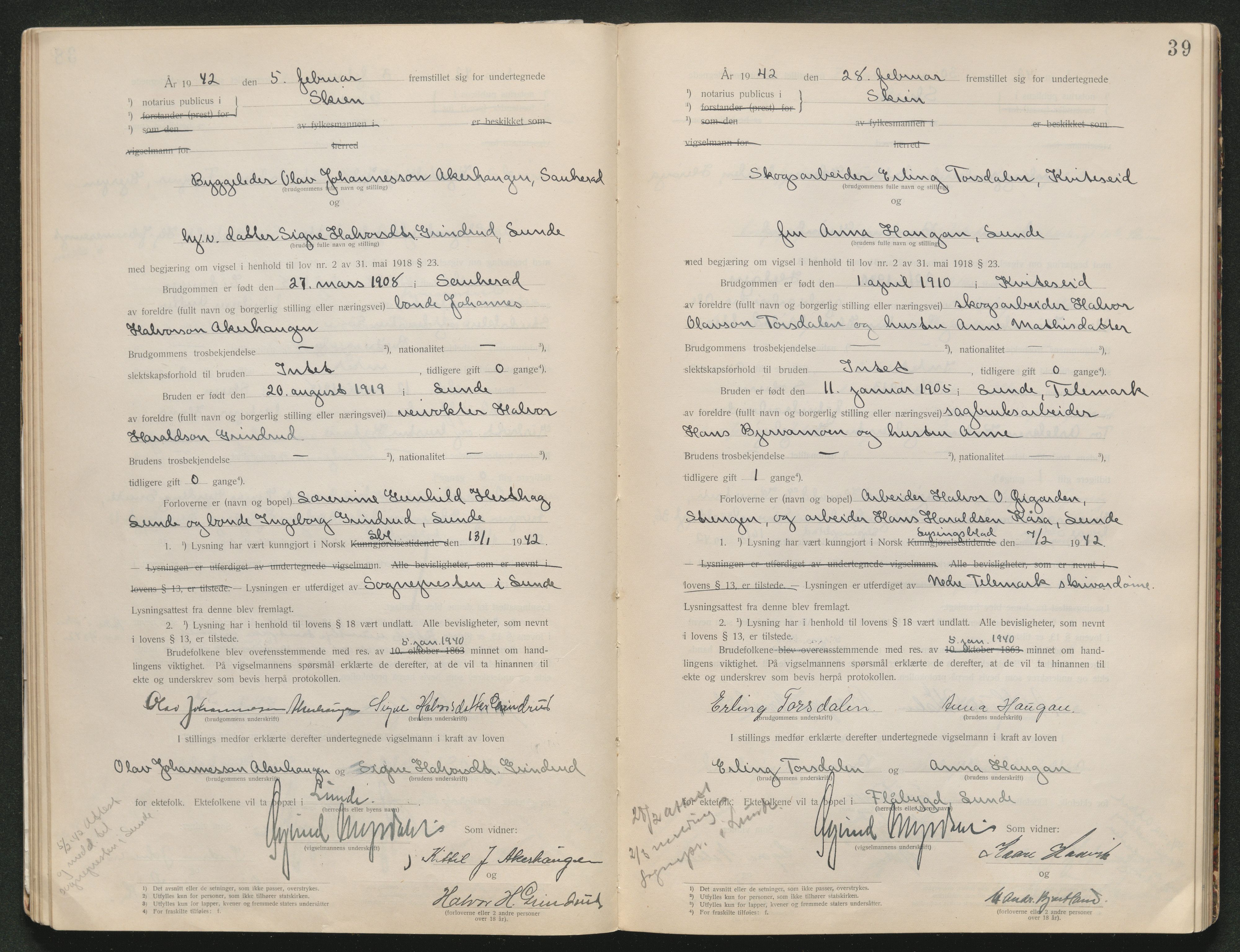 Skien sorenskriveri, AV/SAKO-A-225/L/La/L0001: Vigselsprotokoll, 1920-1947, p. 39
