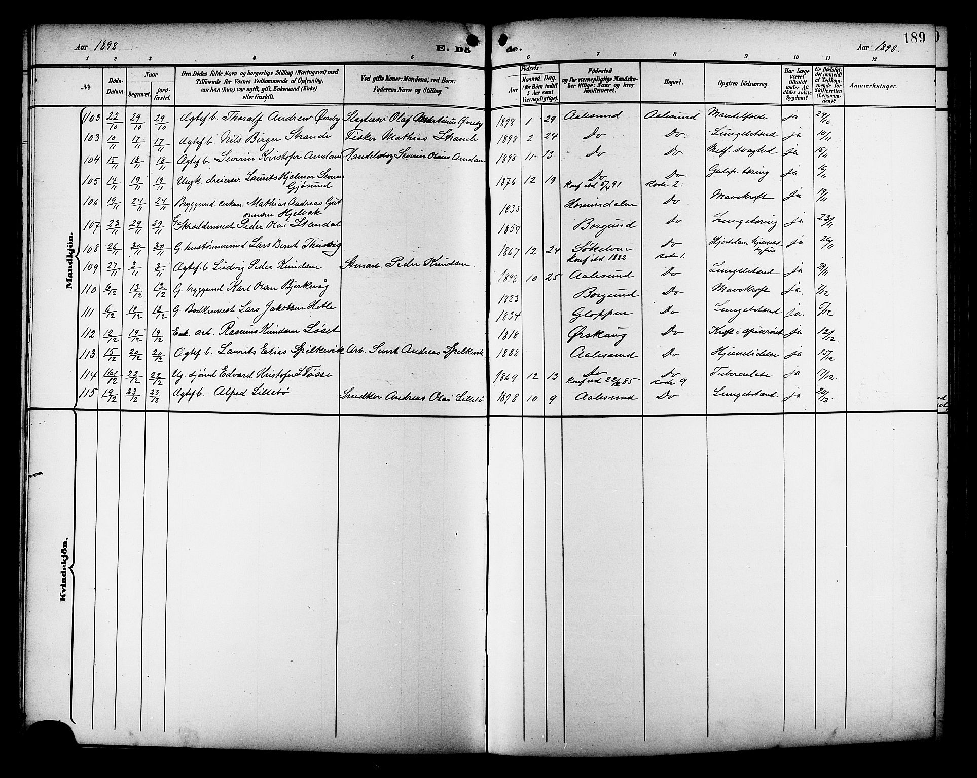 Ministerialprotokoller, klokkerbøker og fødselsregistre - Møre og Romsdal, AV/SAT-A-1454/529/L0469: Parish register (copy) no. 529C06, 1898-1906, p. 189