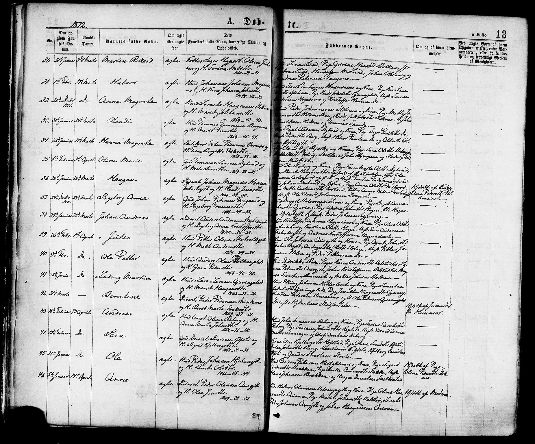 Ministerialprotokoller, klokkerbøker og fødselsregistre - Nord-Trøndelag, AV/SAT-A-1458/709/L0076: Parish register (official) no. 709A16, 1871-1879, p. 13