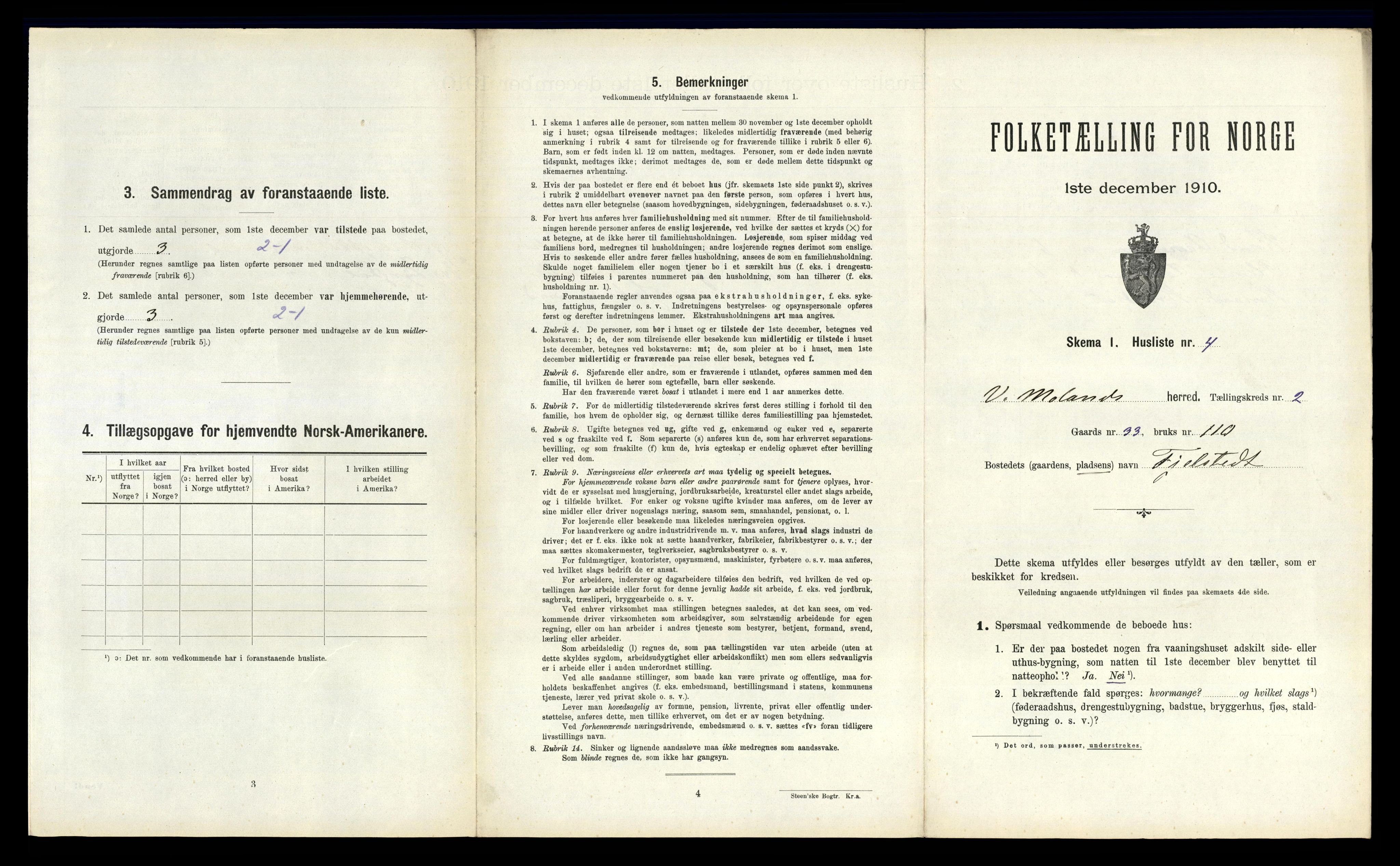 RA, 1910 census for Vestre Moland, 1910, p. 190