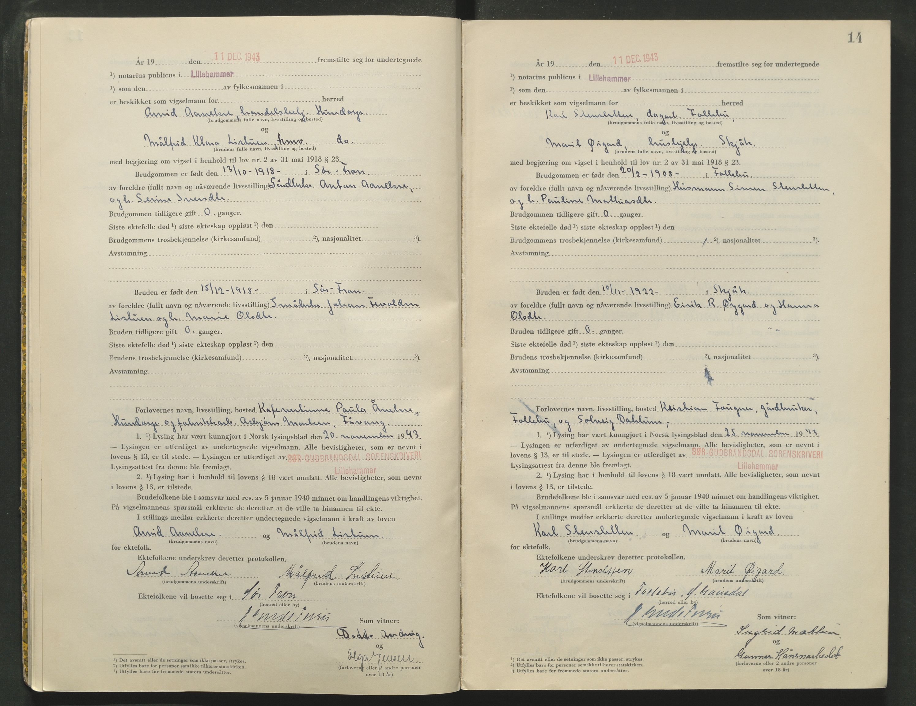 Sør-Gudbrandsdal tingrett, AV/SAH-TING-004/L/Lc/L0004: Vigselsprotokoll, 1943-1944, p. 14