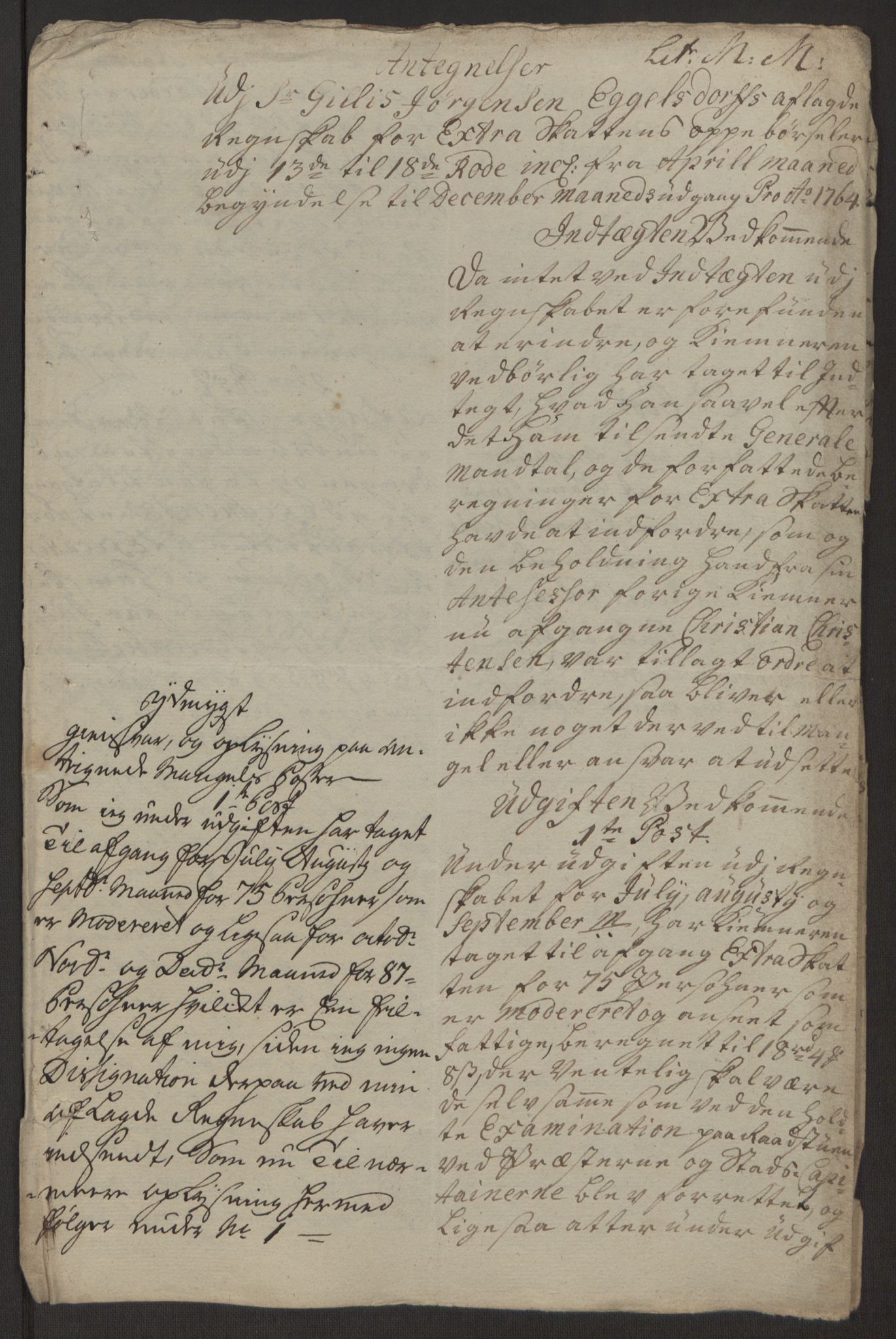 Rentekammeret inntil 1814, Reviderte regnskaper, Byregnskaper, AV/RA-EA-4066/R/Rp/L0368/0001: [P21] Kontribusjonsregnskap / Ekstraskatt, 1764, p. 66
