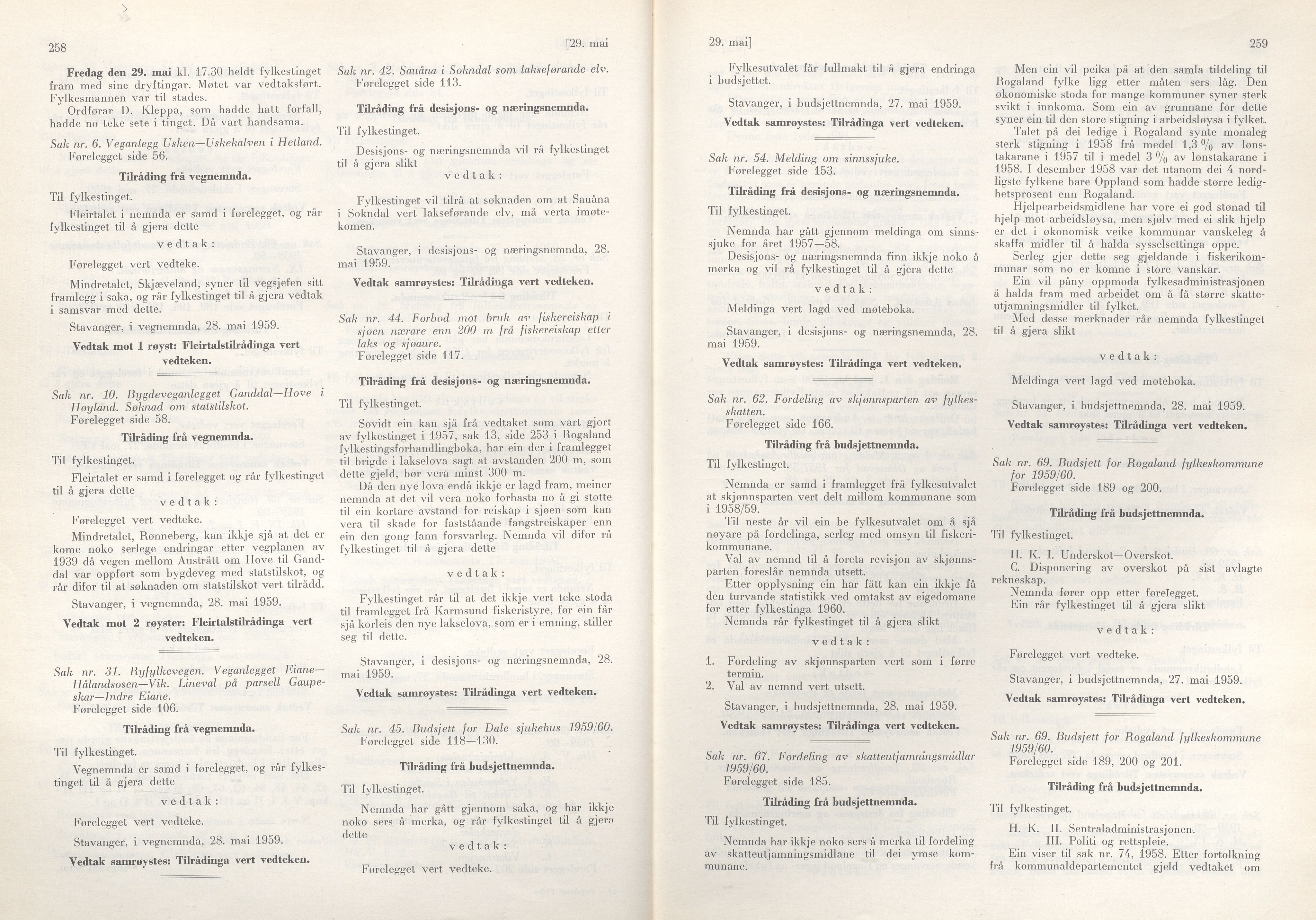 Rogaland fylkeskommune - Fylkesrådmannen , IKAR/A-900/A/Aa/Aaa/L0078: Møtebok , 1959, p. 258-259