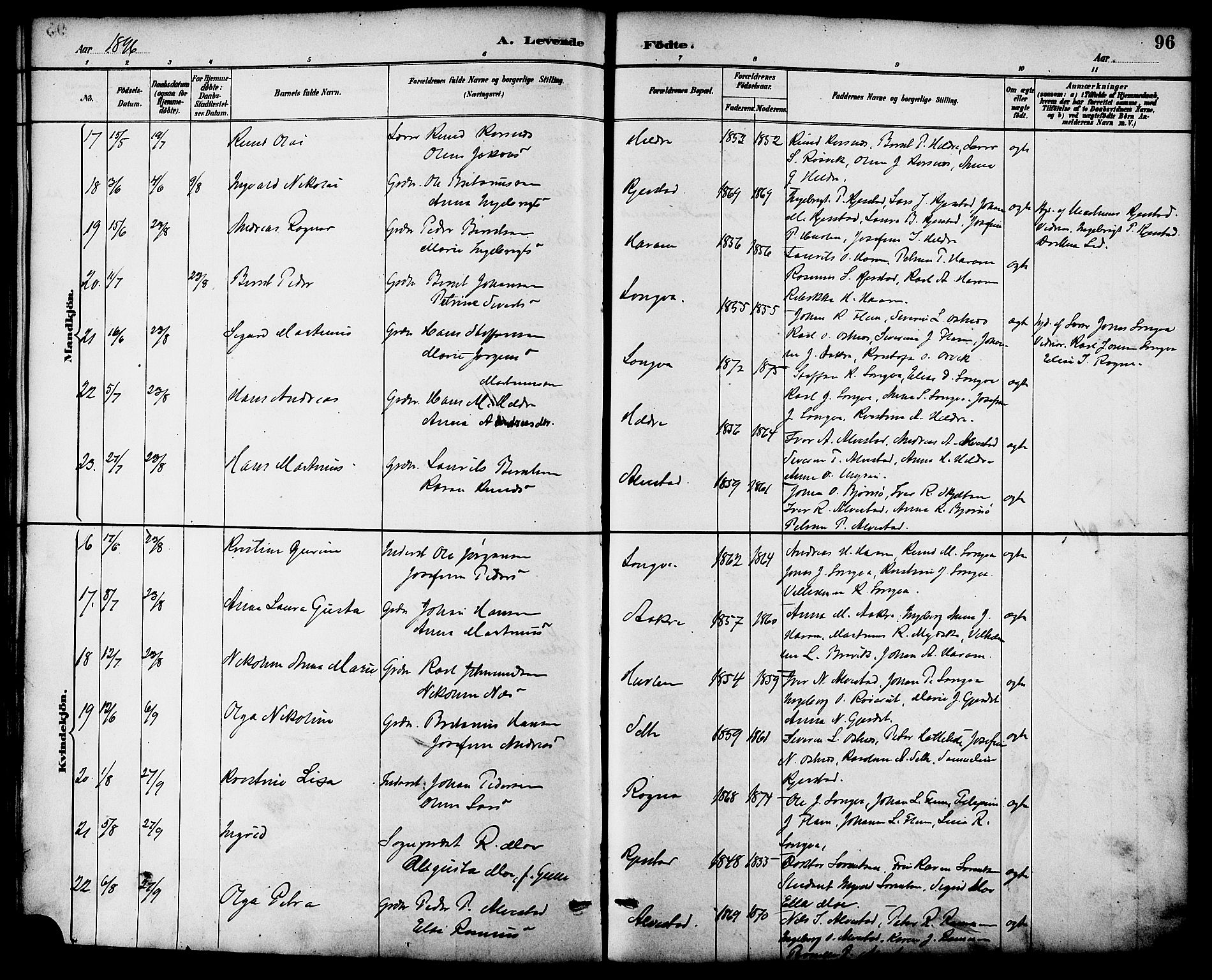 Ministerialprotokoller, klokkerbøker og fødselsregistre - Møre og Romsdal, AV/SAT-A-1454/536/L0501: Parish register (official) no. 536A10, 1884-1896, p. 96