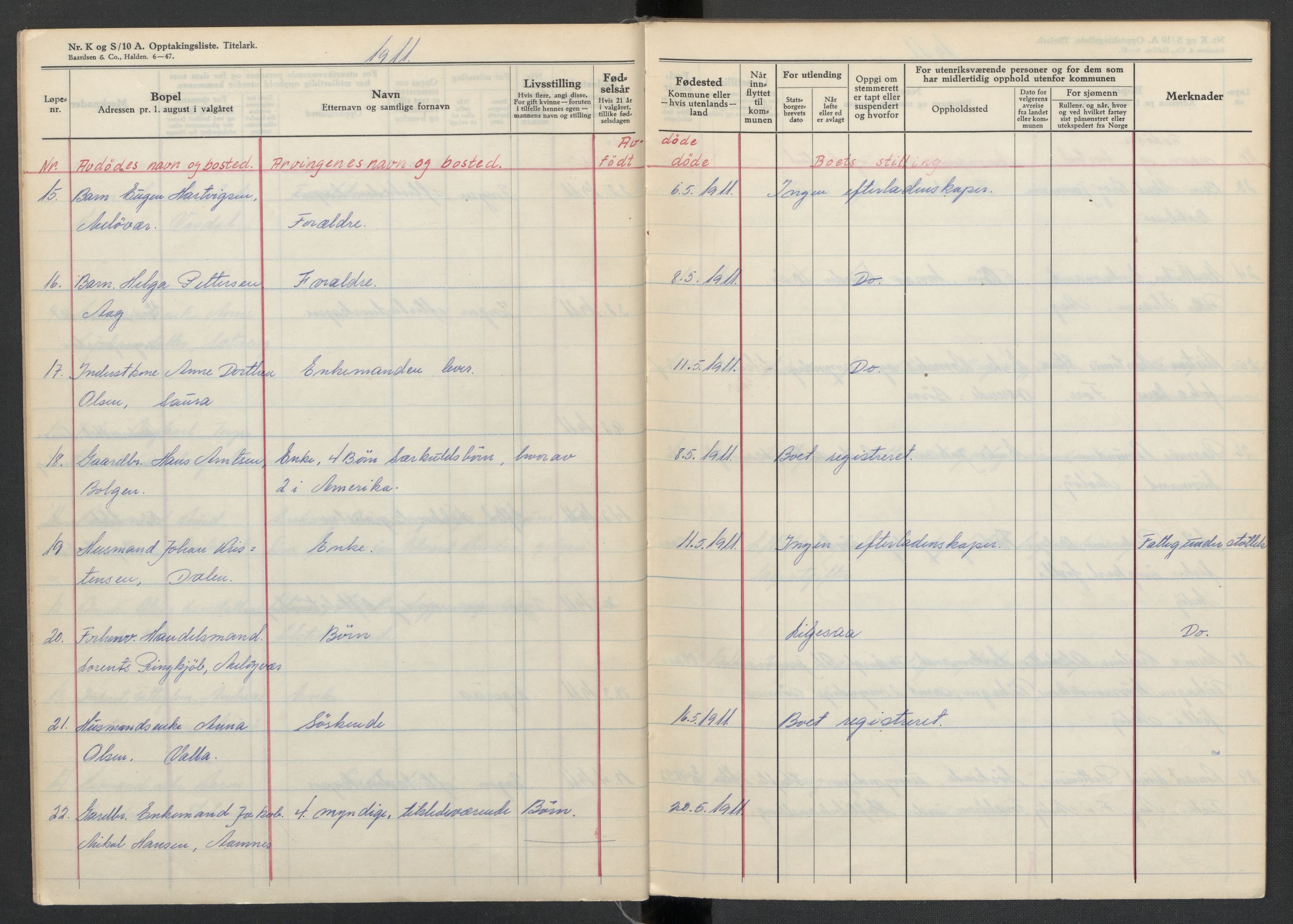 Meløy lensmannskontor, AV/SAT-A-5701/1/02/L0001: 2.01.01 - Dødsfallsprotokoll, 1911-1917