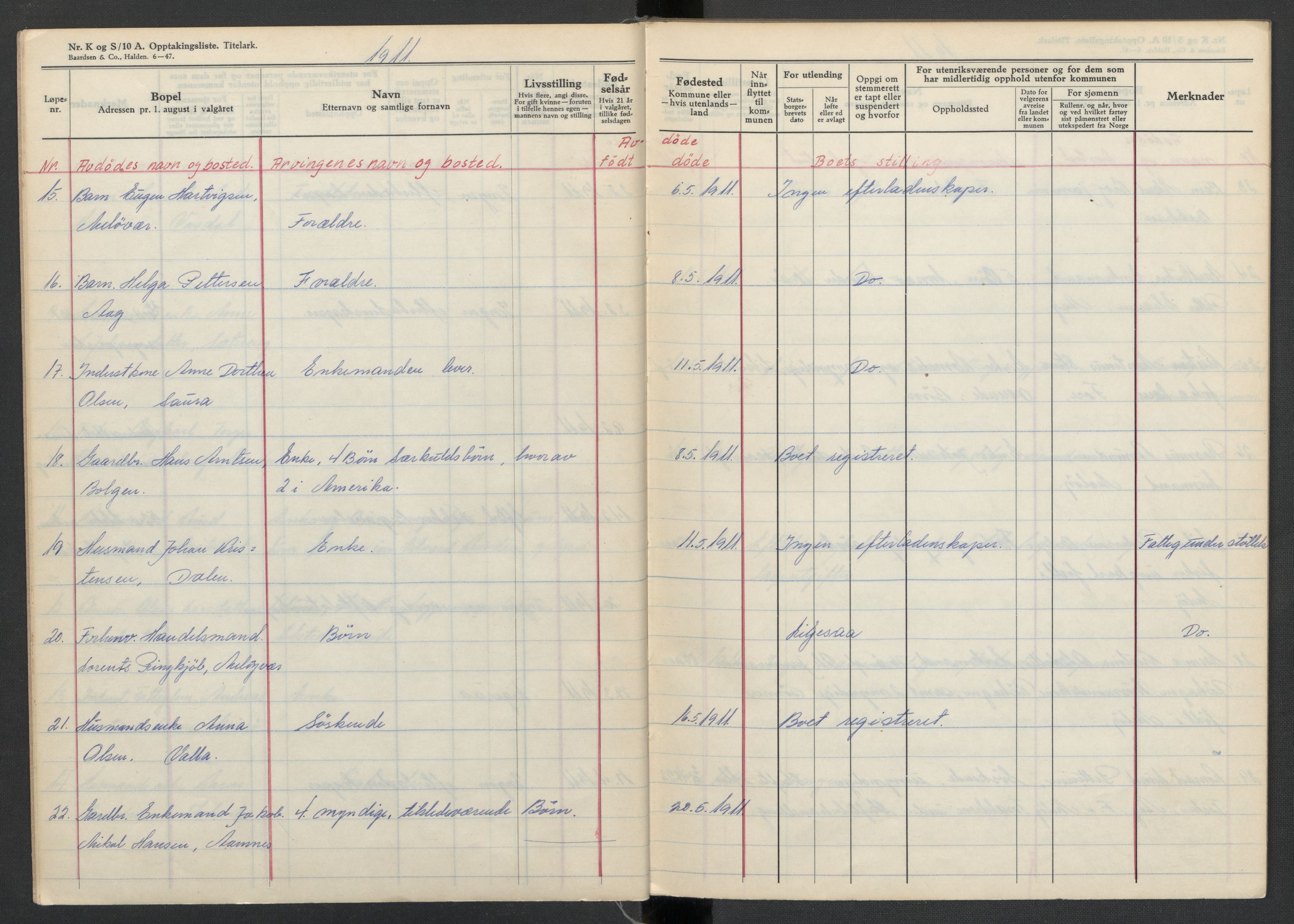 Meløy lensmannskontor, SAT/A-5701/1/02/L0001: 2.01.01 - Dødsfallsprotokoll, 1911-1917