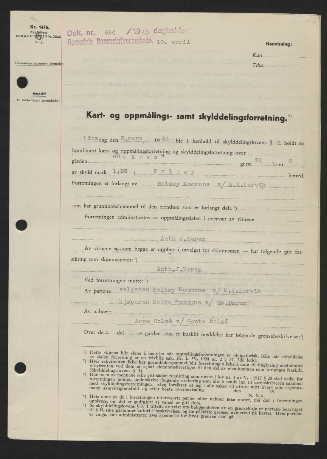 Romsdal sorenskriveri, AV/SAT-A-4149/1/2/2C: Mortgage book no. A14, 1943-1943, Diary no: : 684/1943