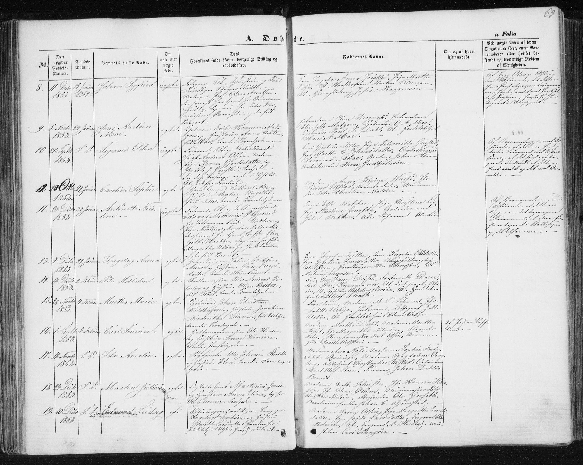 Ministerialprotokoller, klokkerbøker og fødselsregistre - Sør-Trøndelag, SAT/A-1456/602/L0112: Parish register (official) no. 602A10, 1848-1859, p. 63